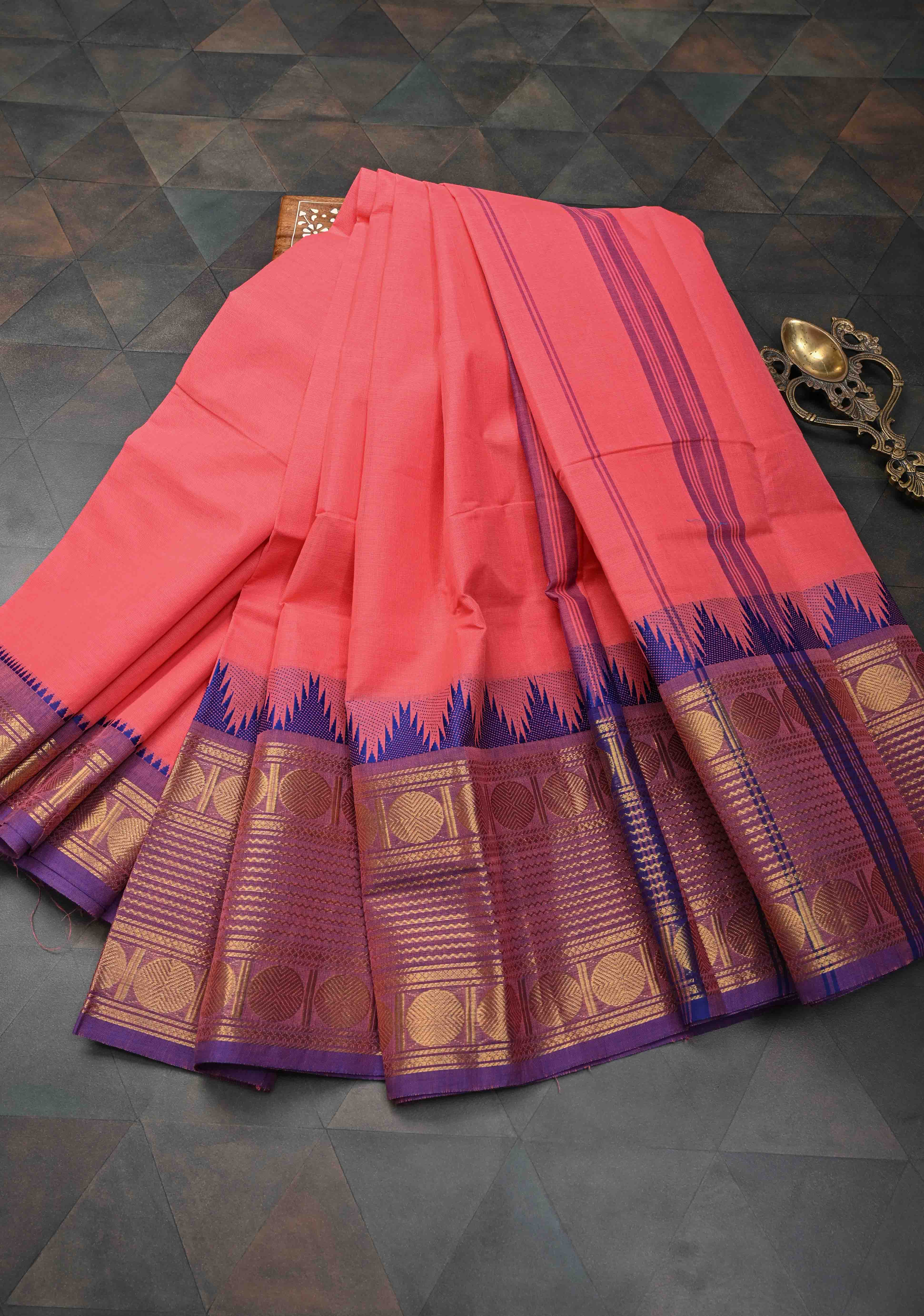 Salmon Kanchi Cotton Saree with Contrast Zari Border | No Blouse piece | Shobitam