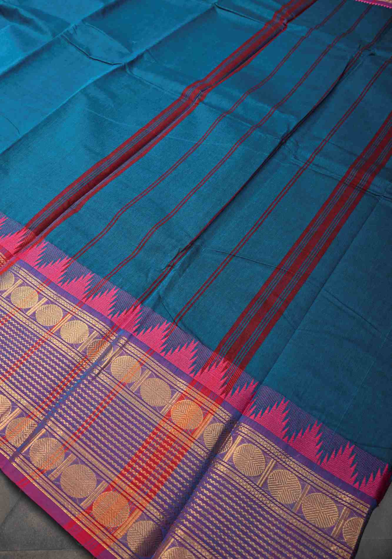 Teal Blue Kanchi Cotton Saree with Contrast Zari Border | No Blouse piece