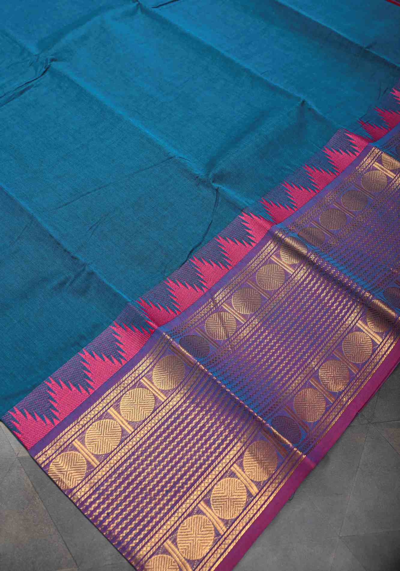 Teal Blue Kanchi Cotton Saree with Contrast Zari Border | No Blouse piece