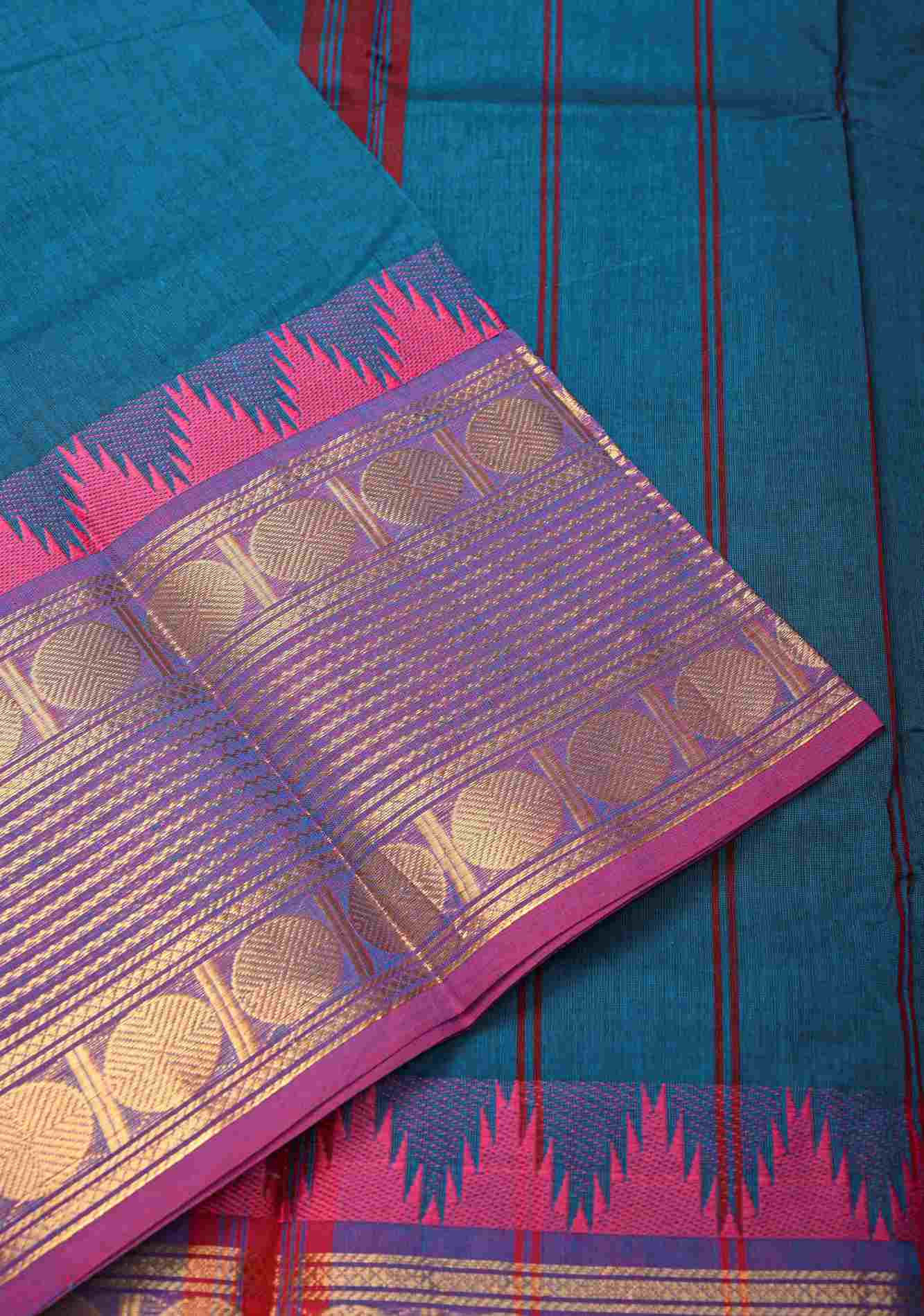 Teal Blue Kanchi Cotton Saree with Contrast Zari Border | No Blouse piece