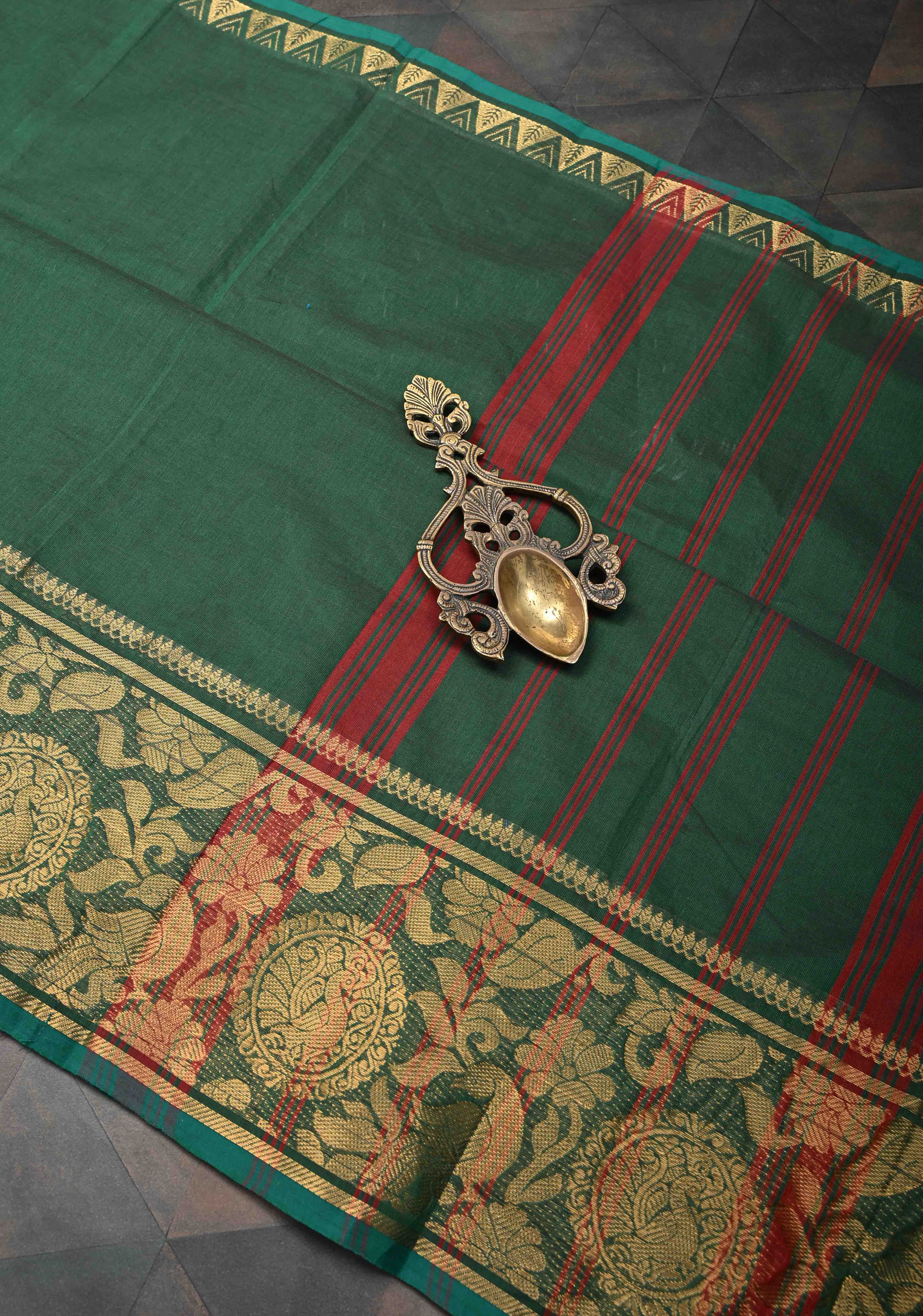 Hunter green Kanchi Cotton Saree with peacock Mandala And floral Zari border , No Blouse piece | Shobitam