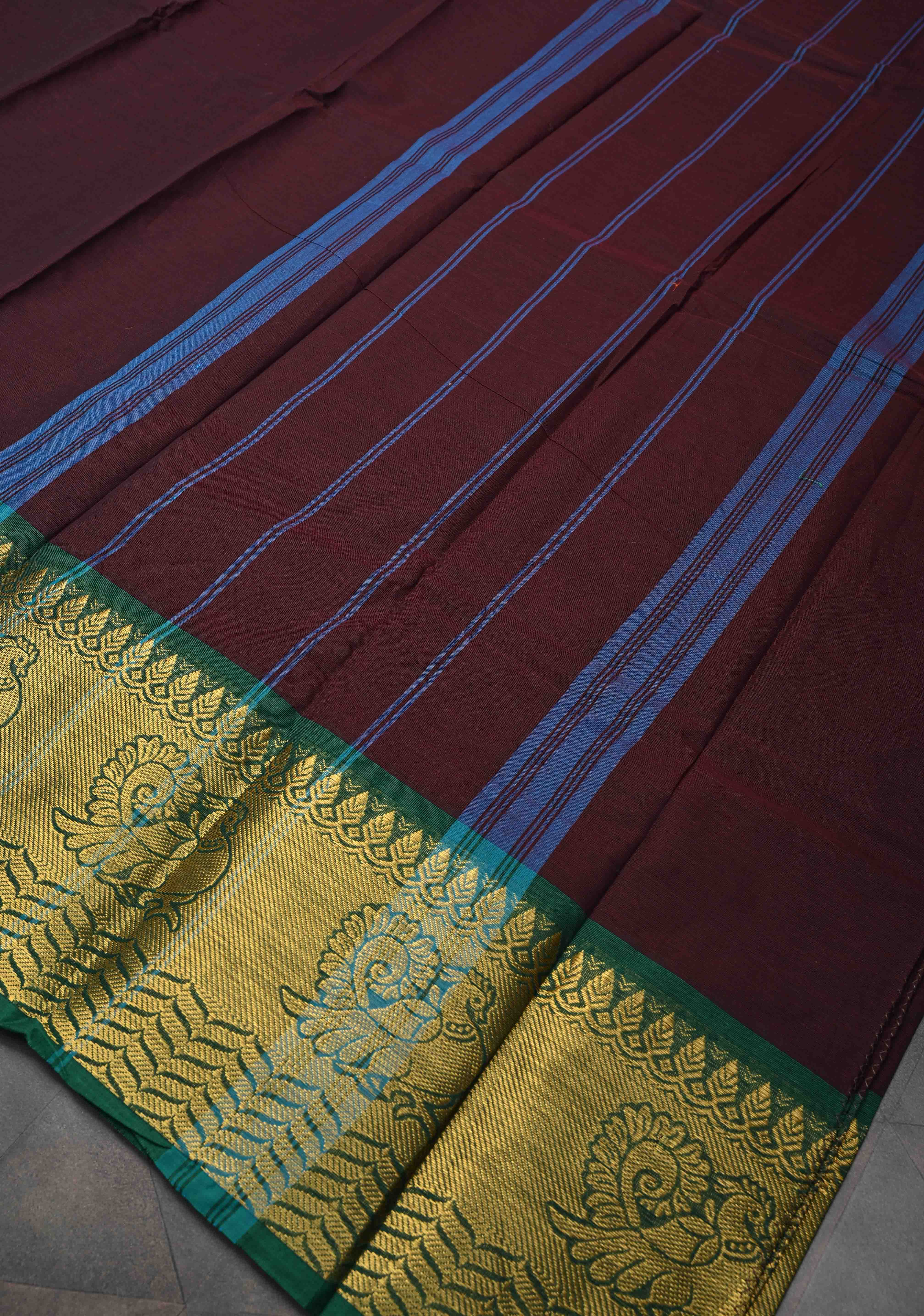 Seal Brown Kanchi Cotton Saree with Distinct Annapakshi Motifs on Contrast zari border, No Blouse piece | Shobitam