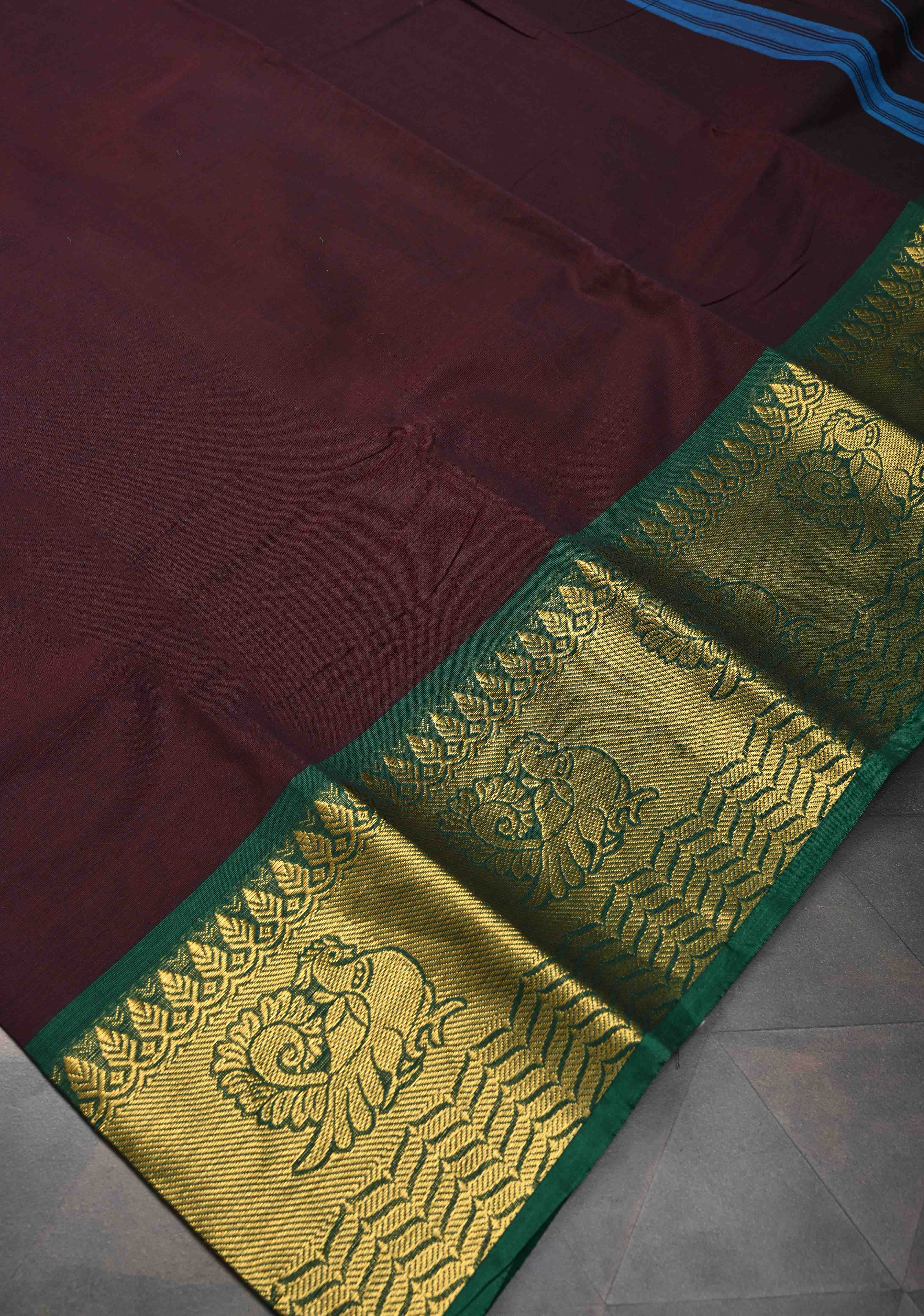 Seal Brown Kanchi Cotton Saree with Distinct Annapakshi Motifs on Contrast zari border, No Blouse piece | Shobitam