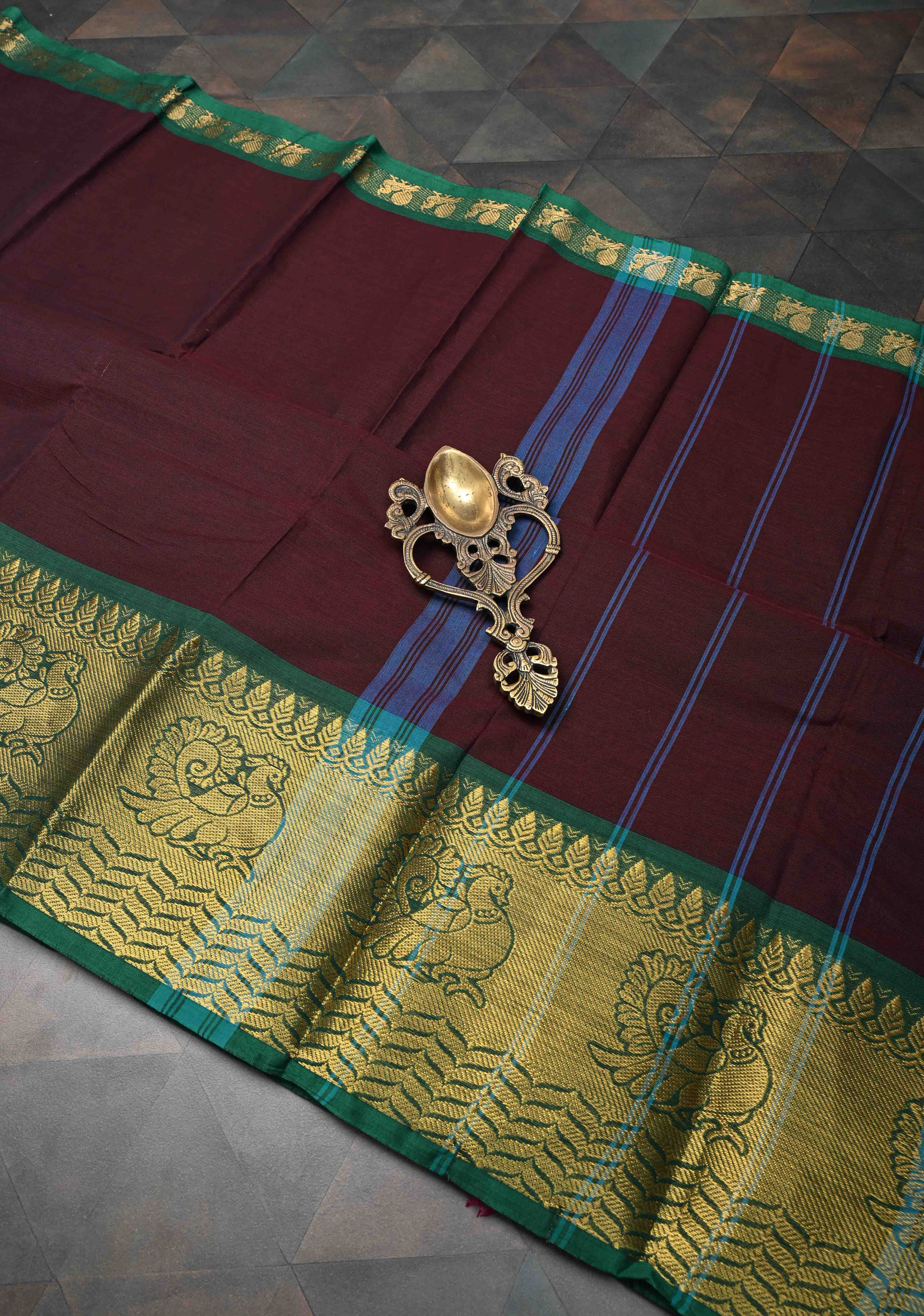 Seal Brown Kanchi Cotton Saree with Distinct Annapakshi Motifs on Contrast zari border, No Blouse piece