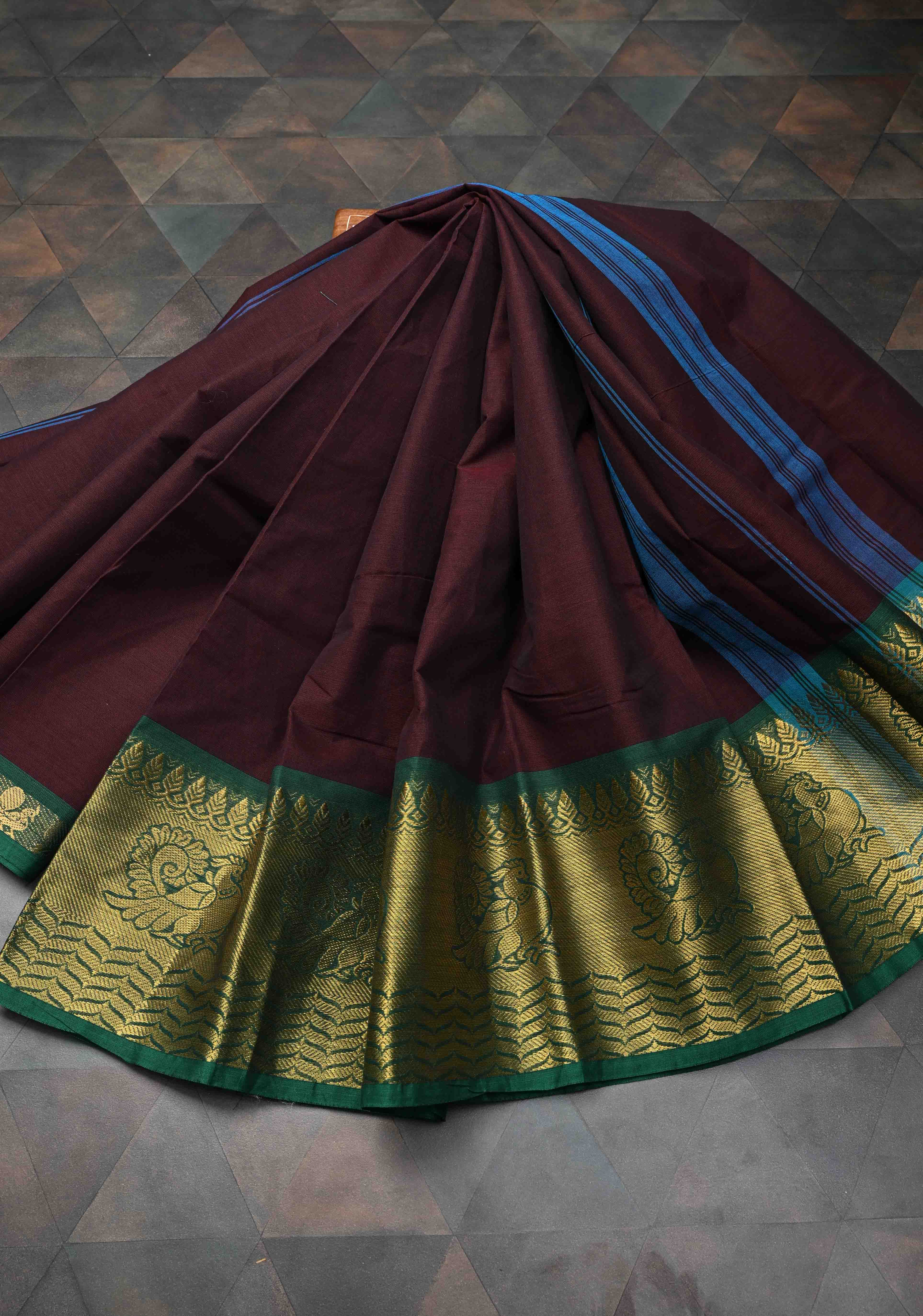 Seal Brown Kanchi Cotton Saree with Distinct Annapakshi Motifs on Contrast zari border, No Blouse piece | Shobitam