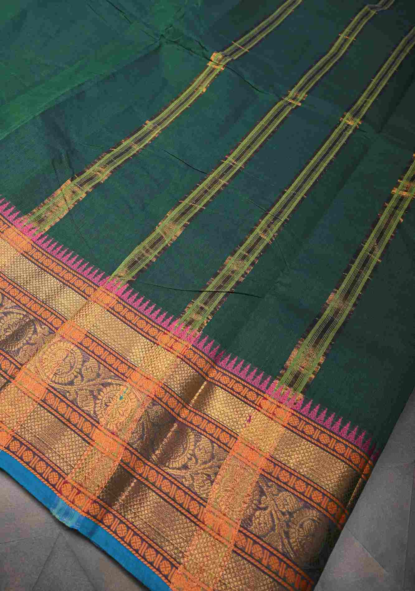 Bottle Green Kanchi Cotton Saree With Zari borders | No Blouse piece