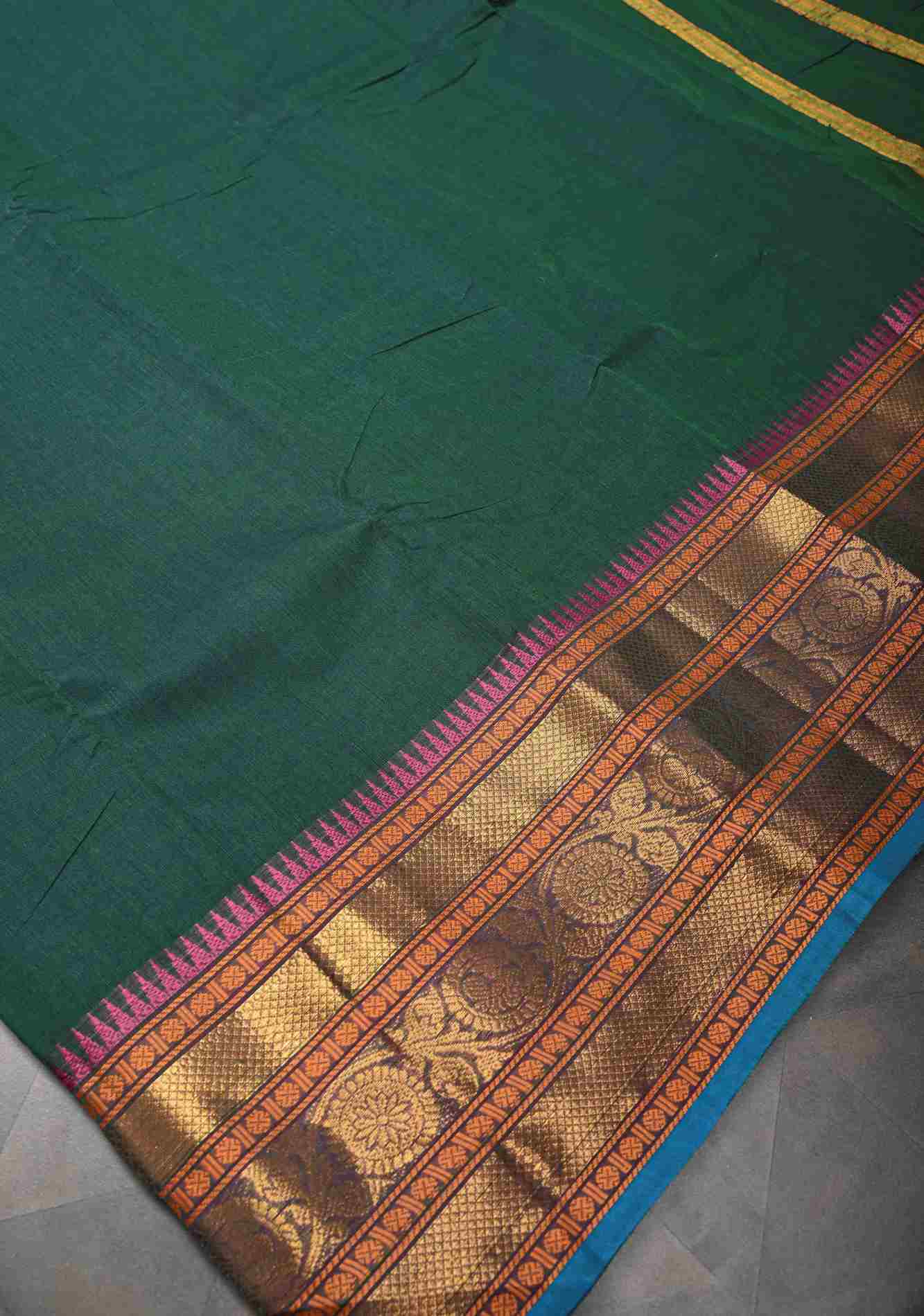 Bottle Green Kanchi Cotton Saree With Zari borders | No Blouse piece