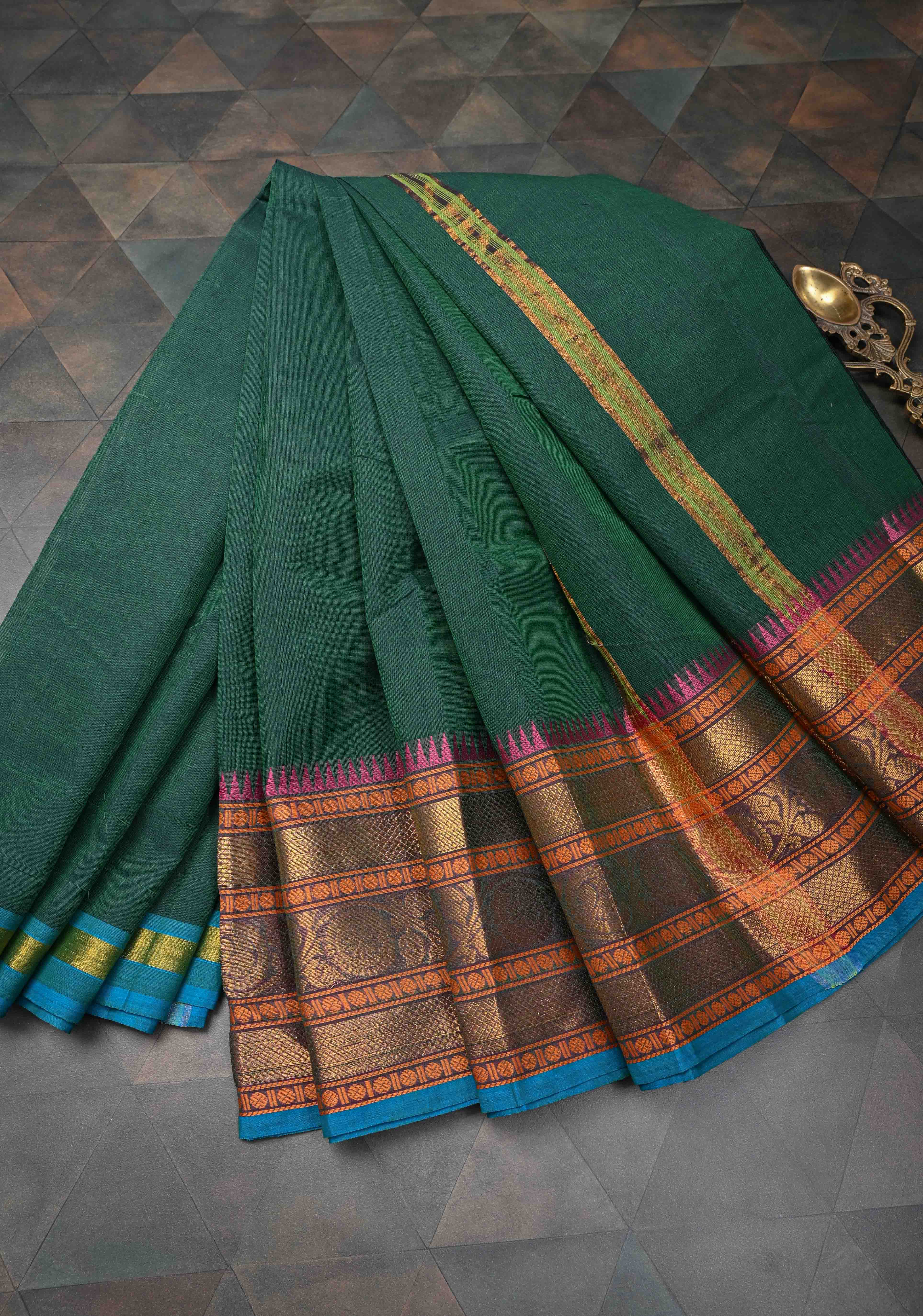 Bottle Green Kanchi Cotton Saree With Zari borders | No Blouse piece | Shobitam