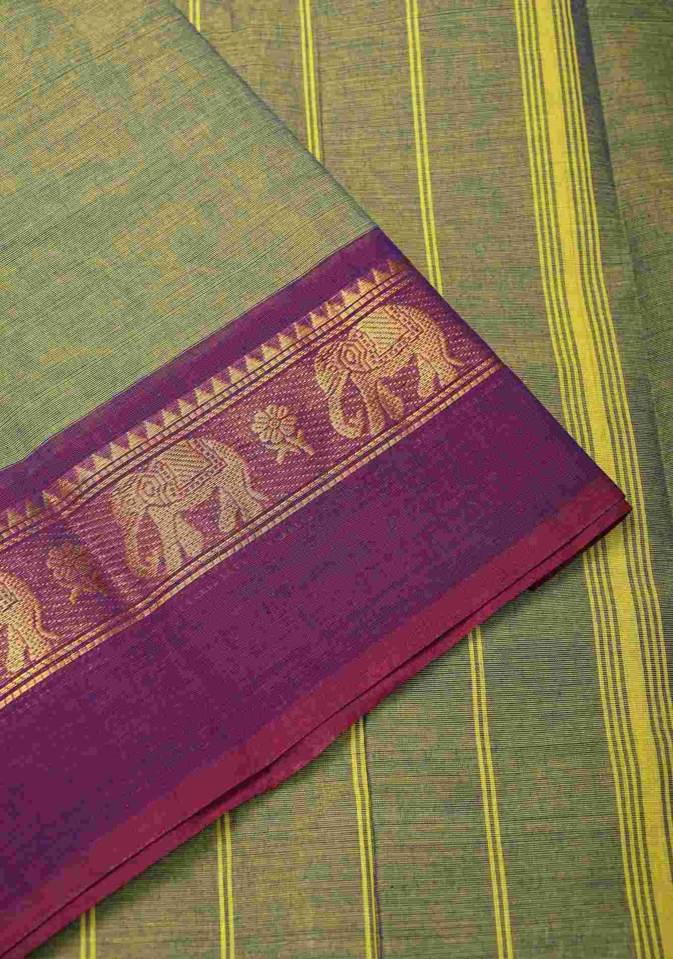 Green Kanchi Cotton Saree With Zari borders | No Blouse piece