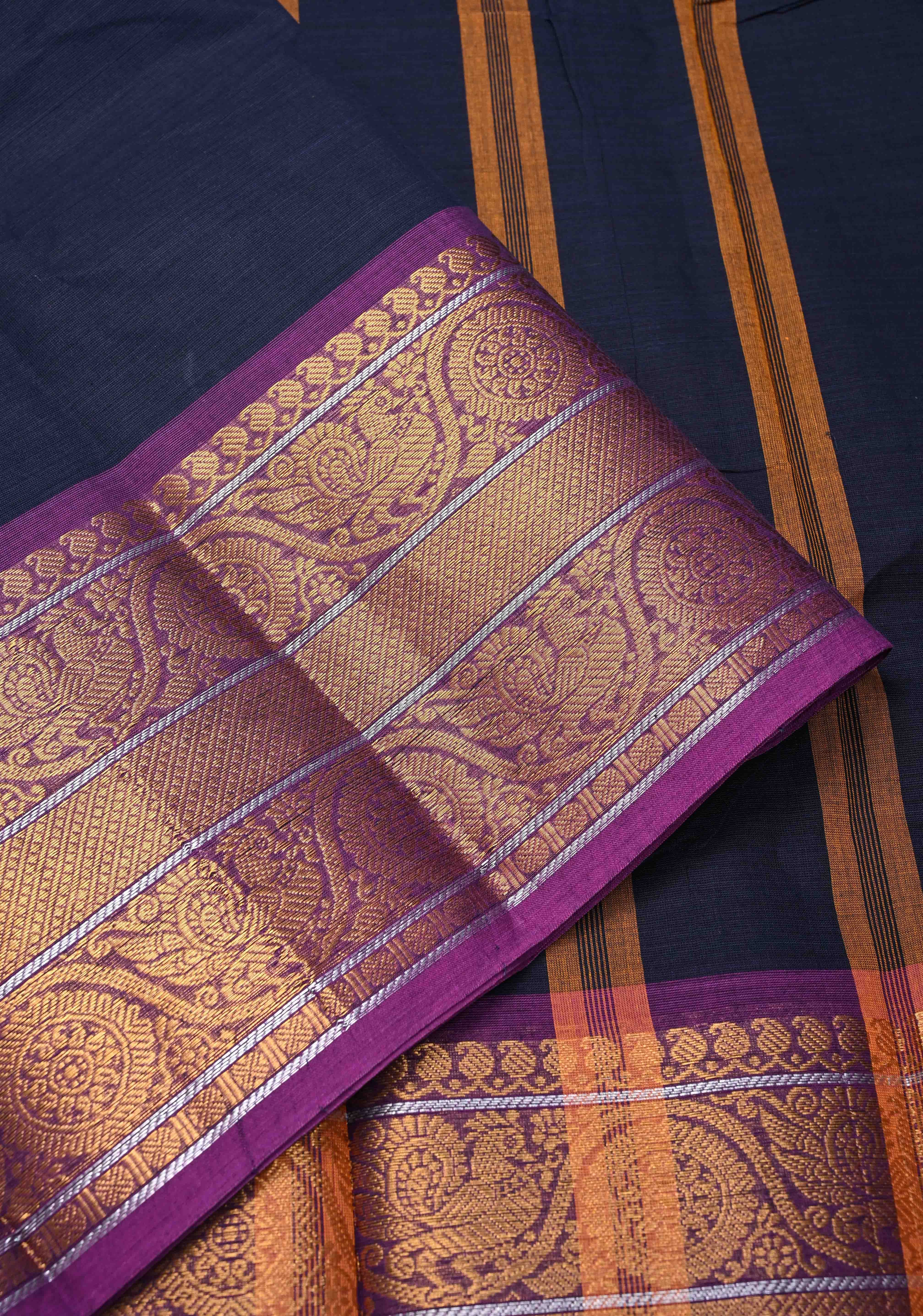 Midnight Blue Kanchi Cotton Saree with Contrast Zari Border, No Blouse piece | Shobitam