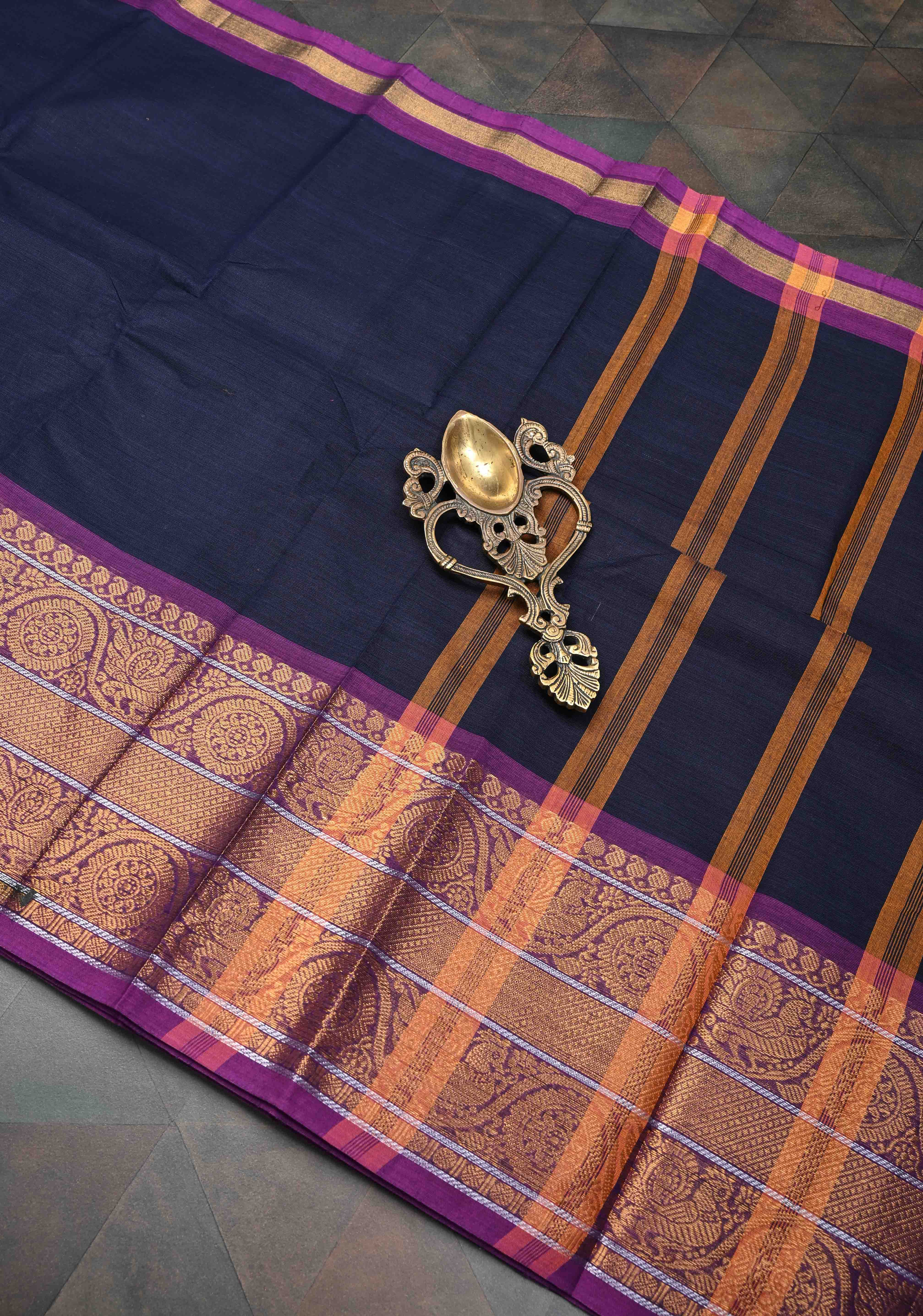 Midnight Blue Kanchi Cotton Saree with Contrast Zari Border, No Blouse piece