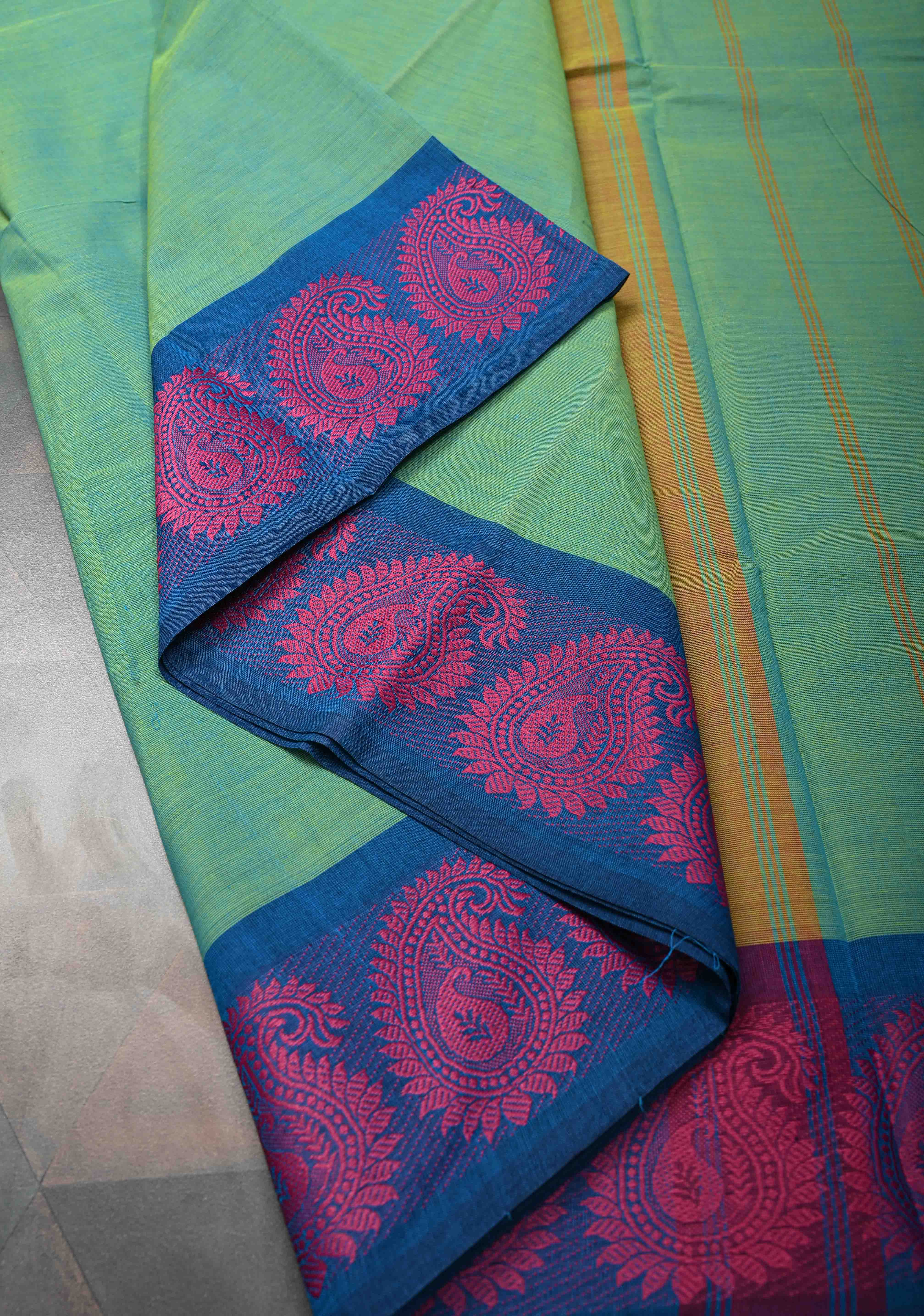 Sea Green Kanchi Cotton Saree with Contrast Resham Paisley Motifs on Border, No Blouse piece | SHOBITAM