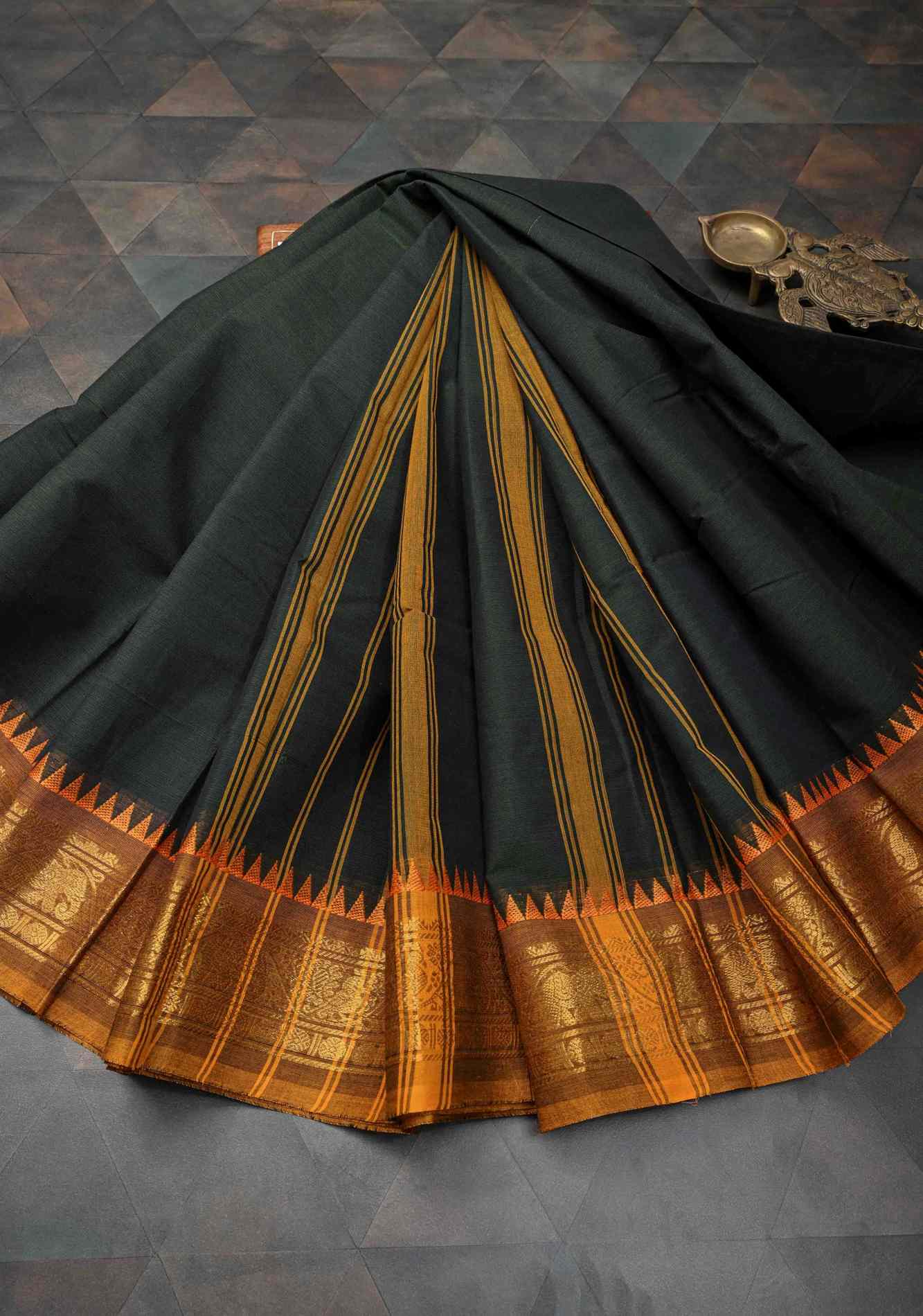 Bottle Green Kanchi Cotton Ready to Wear Saree with Contrast Zari Border | No Blouse piece