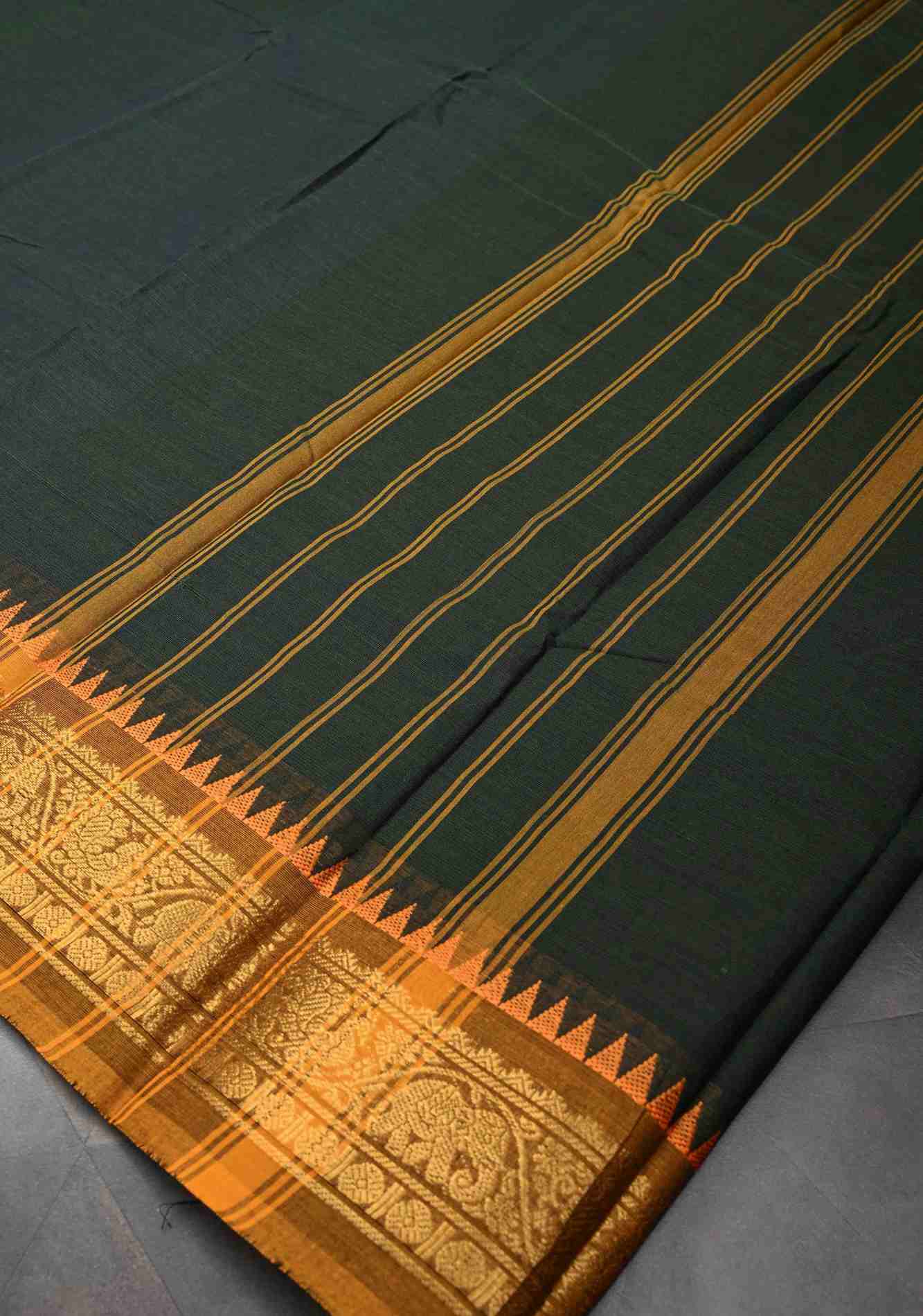 Bottle Green Kanchi Cotton Ready to Wear Saree with Contrast Zari Border | No Blouse piece