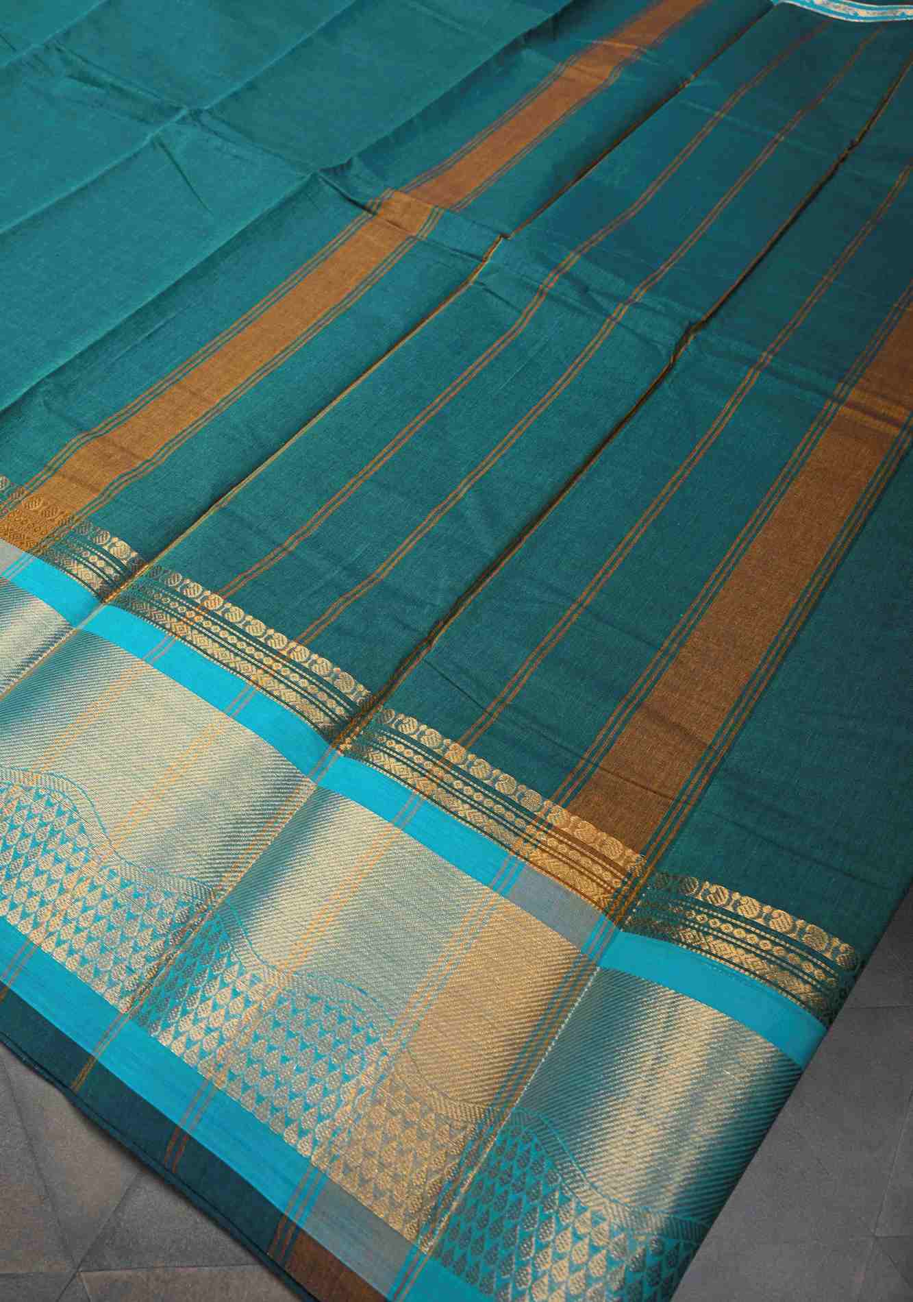 Rama Green Kanchi ready to wear Cotton Saree with Zari Border | No Blouse piece