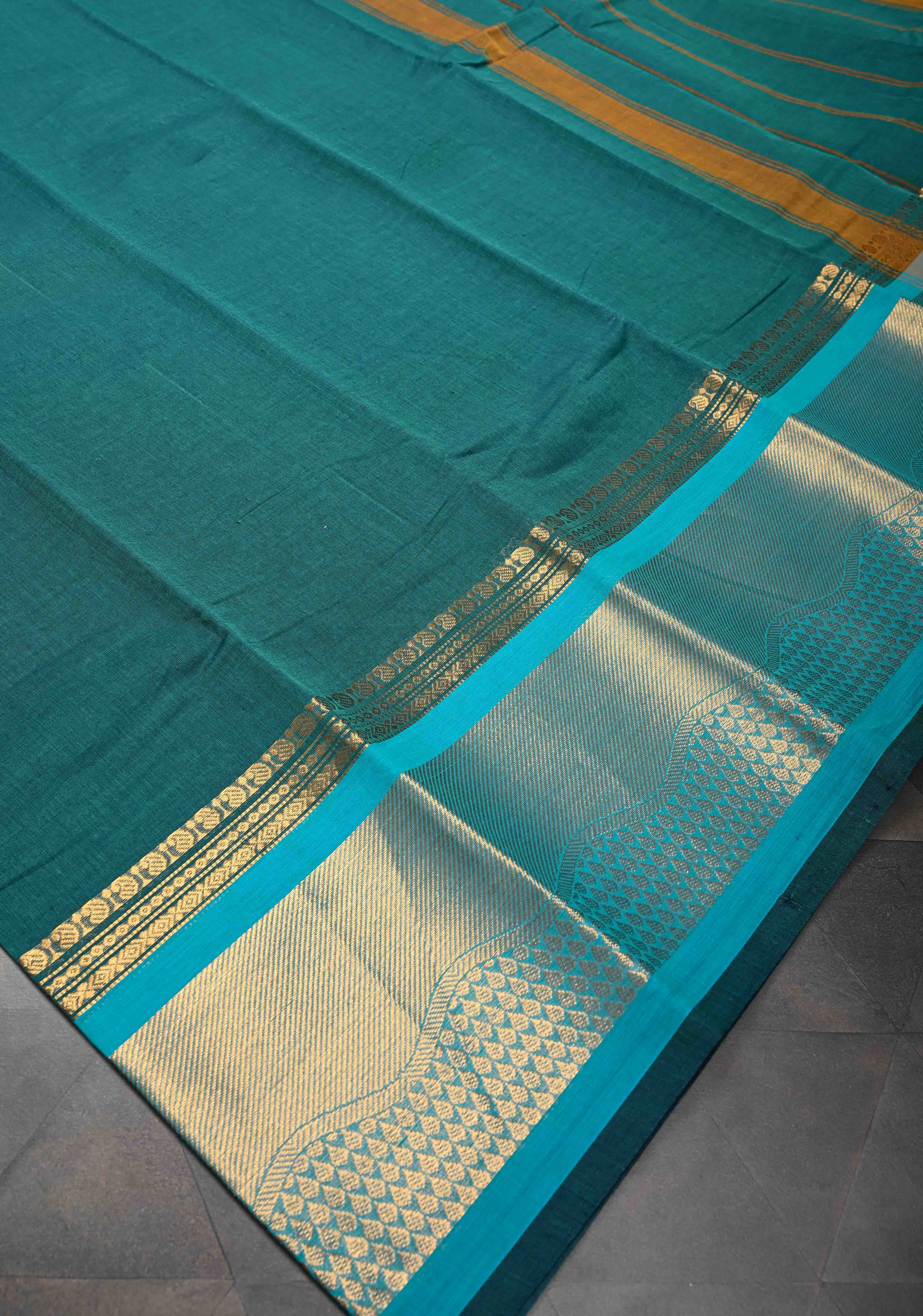 Rama Green Kanchi Cotton Saree with Zari Border | No Blouse piece | SHOBITAM