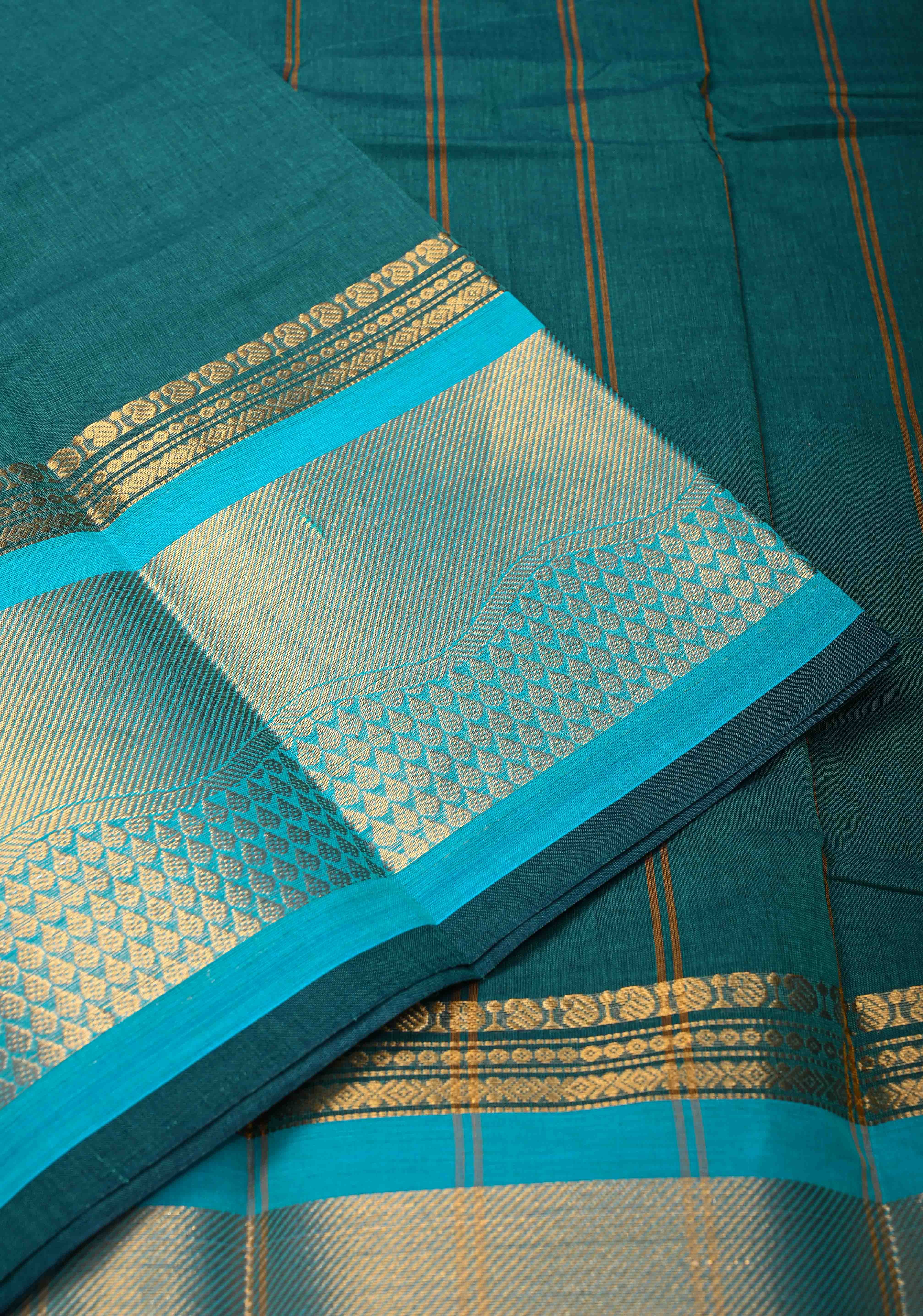 Rama Green Kanchi Cotton Saree with Zari Border | No Blouse piece | SHOBITAM