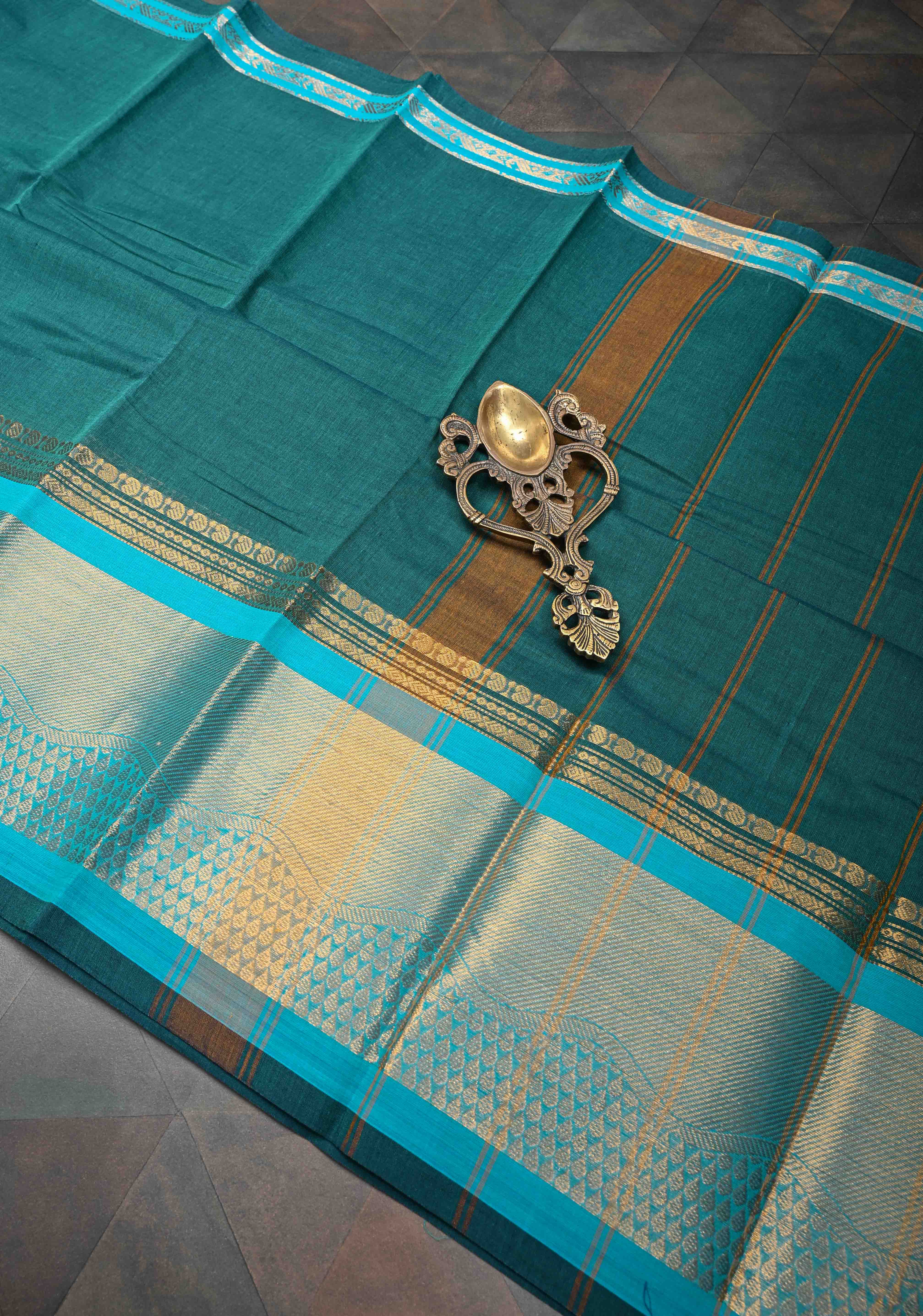 Rama Green Kanchi Cotton Saree with Zari Border | No Blouse piece | SHOBITAM