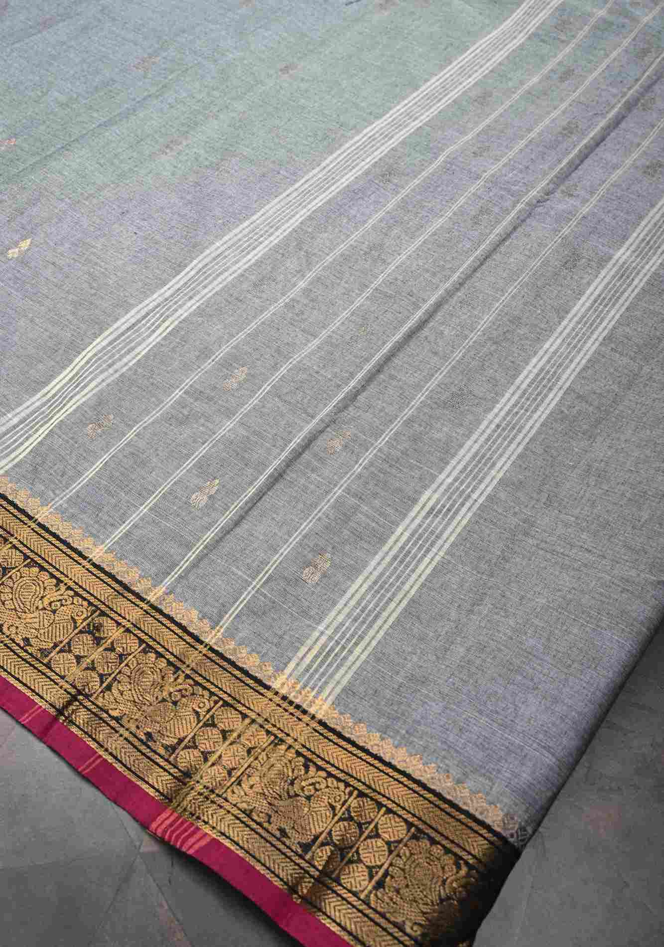 Gray Kanchi Cotton Saree with Zari Buttas And Contrast Zari Border | No Blouse piece