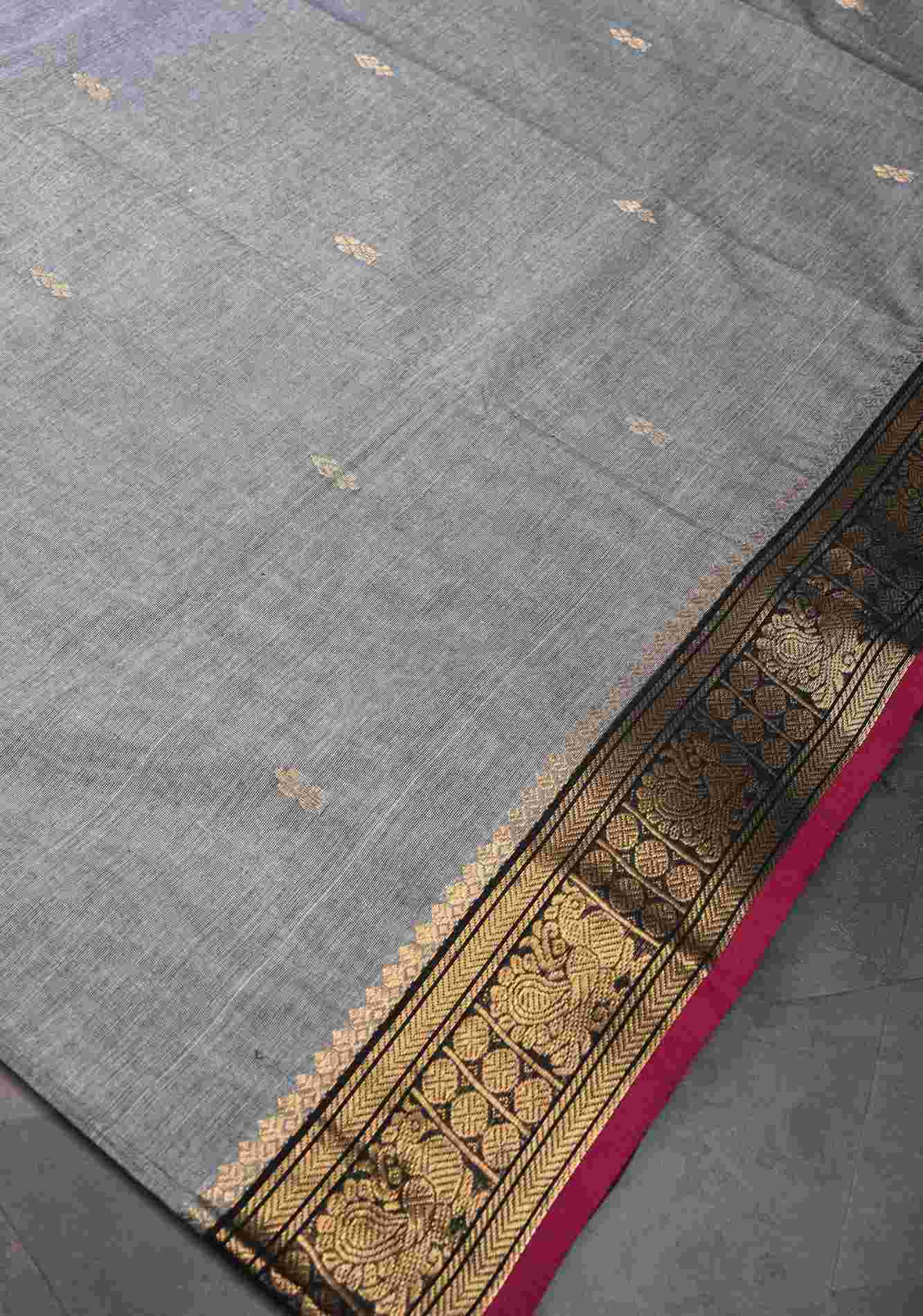 Gray Kanchi Cotton Saree with Zari Buttas And Contrast Zari Border | No Blouse piece