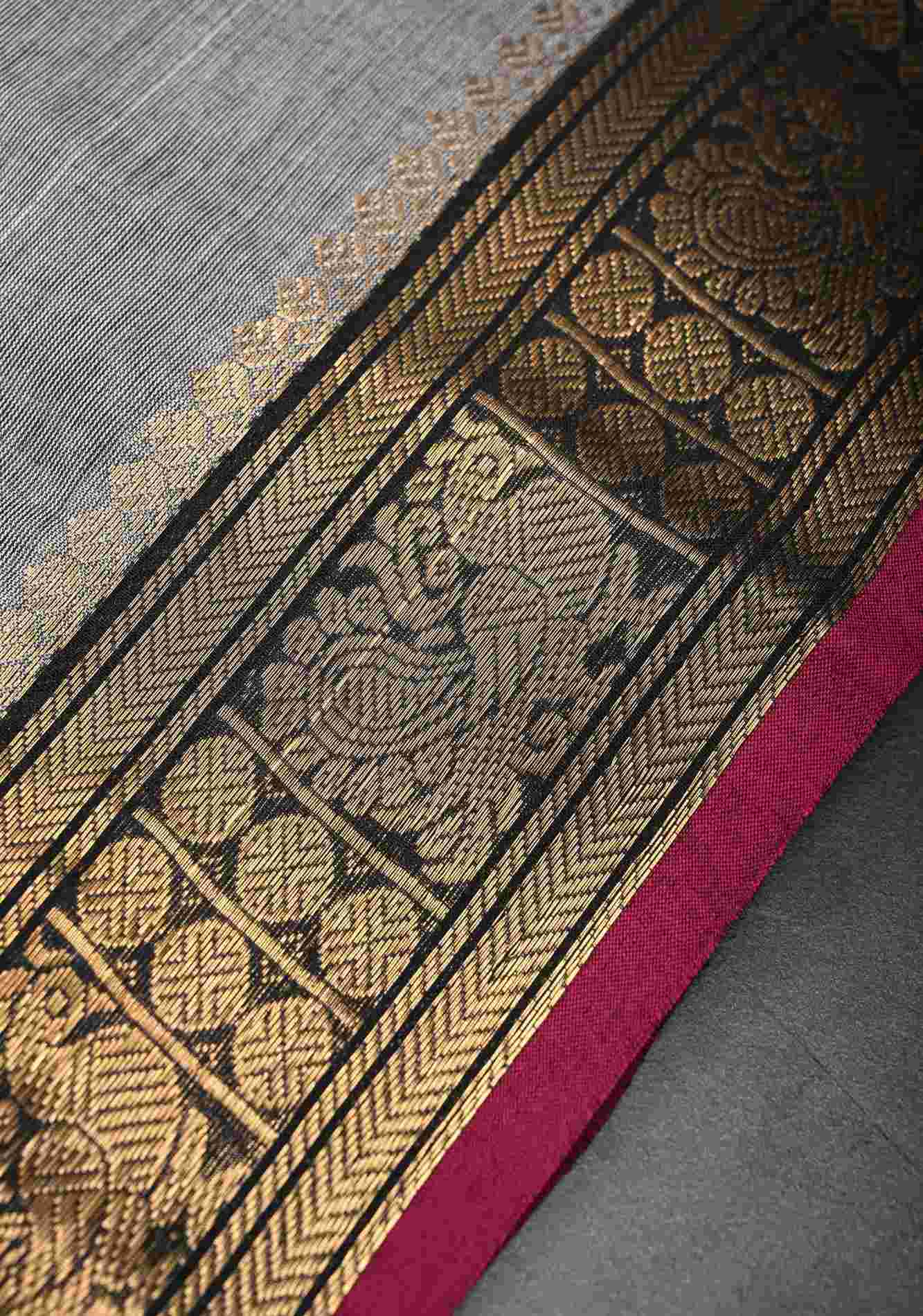 Gray Kanchi Cotton Saree with Zari Buttas And Contrast Zari Border | No Blouse piece