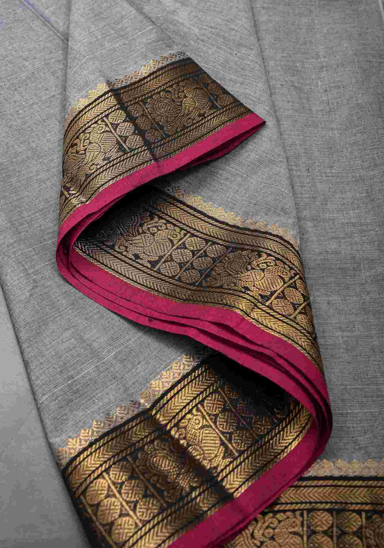 Gray Kanchi Cotton Saree with Zari Buttas And Contrast Zari Border | No Blouse piece