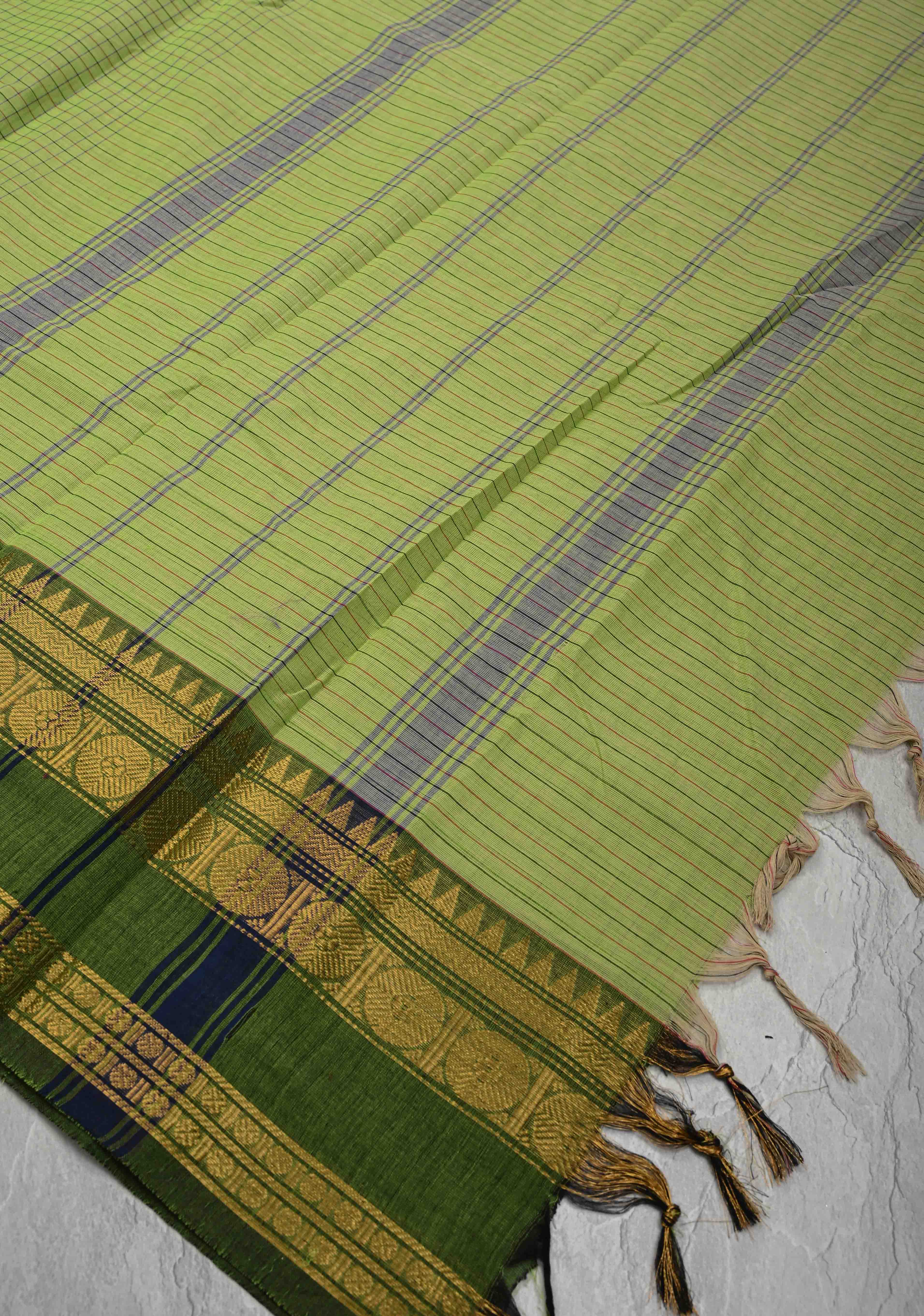 Pista Green Cotton Saree with Checks Pattern and Ganga Jamuna Border, No Blouse piece | Shobitam