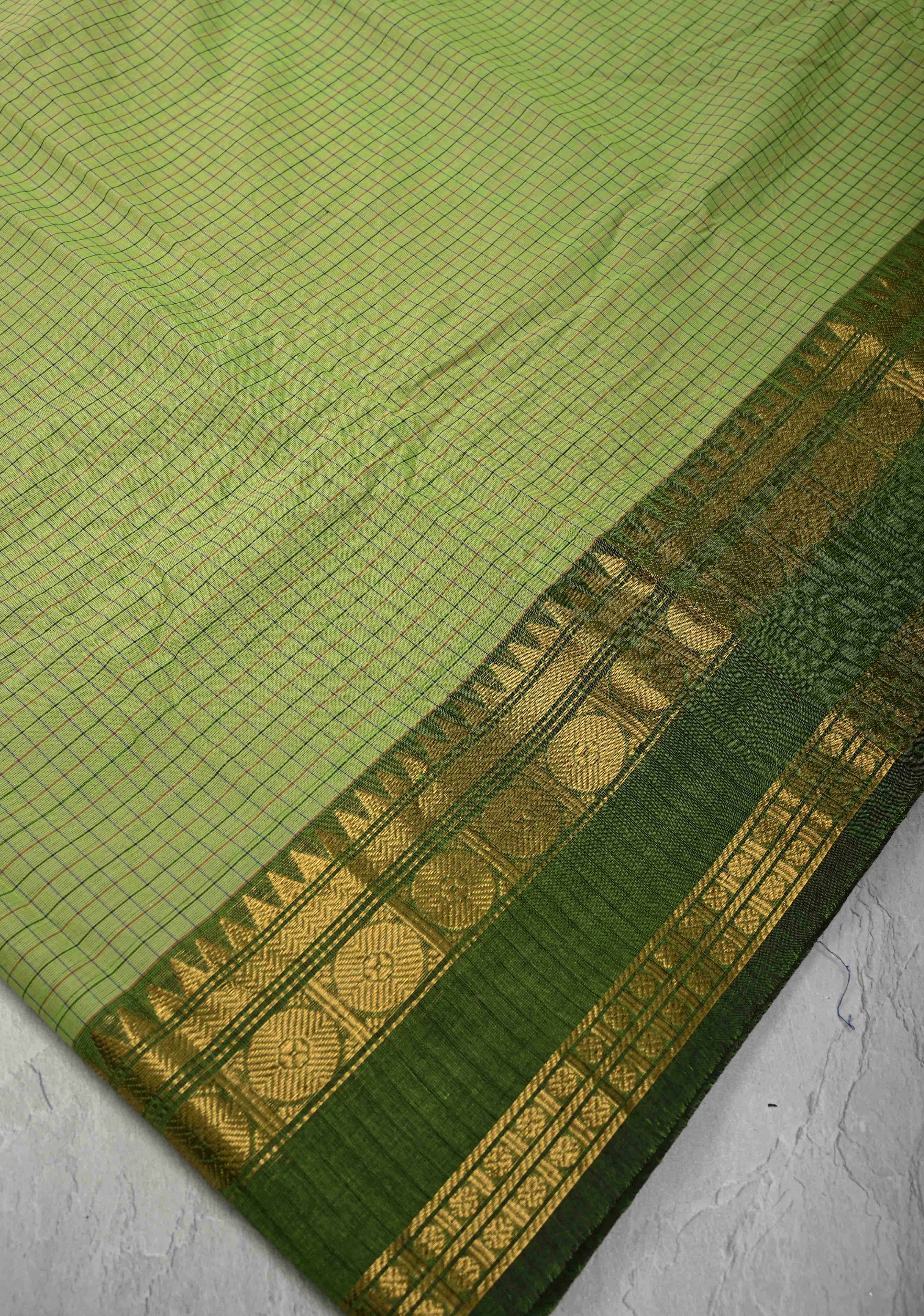 Pista Green Cotton Saree with Checks Pattern and Ganga Jamuna Border, No Blouse piece | Shobitam