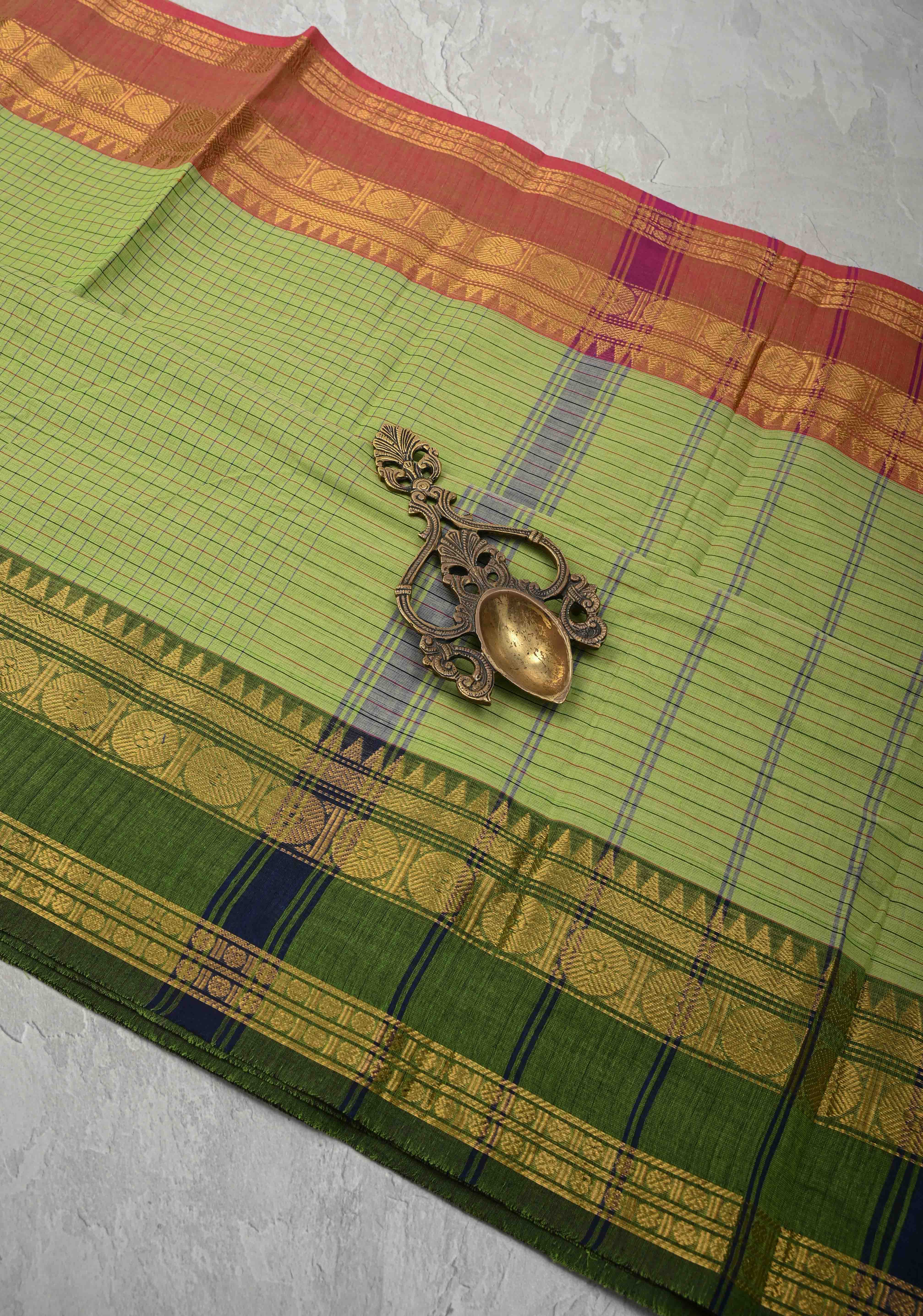 Pista Green Cotton Saree with Checks Pattern and Ganga Jamuna Border, No Blouse piece | Shobitam
