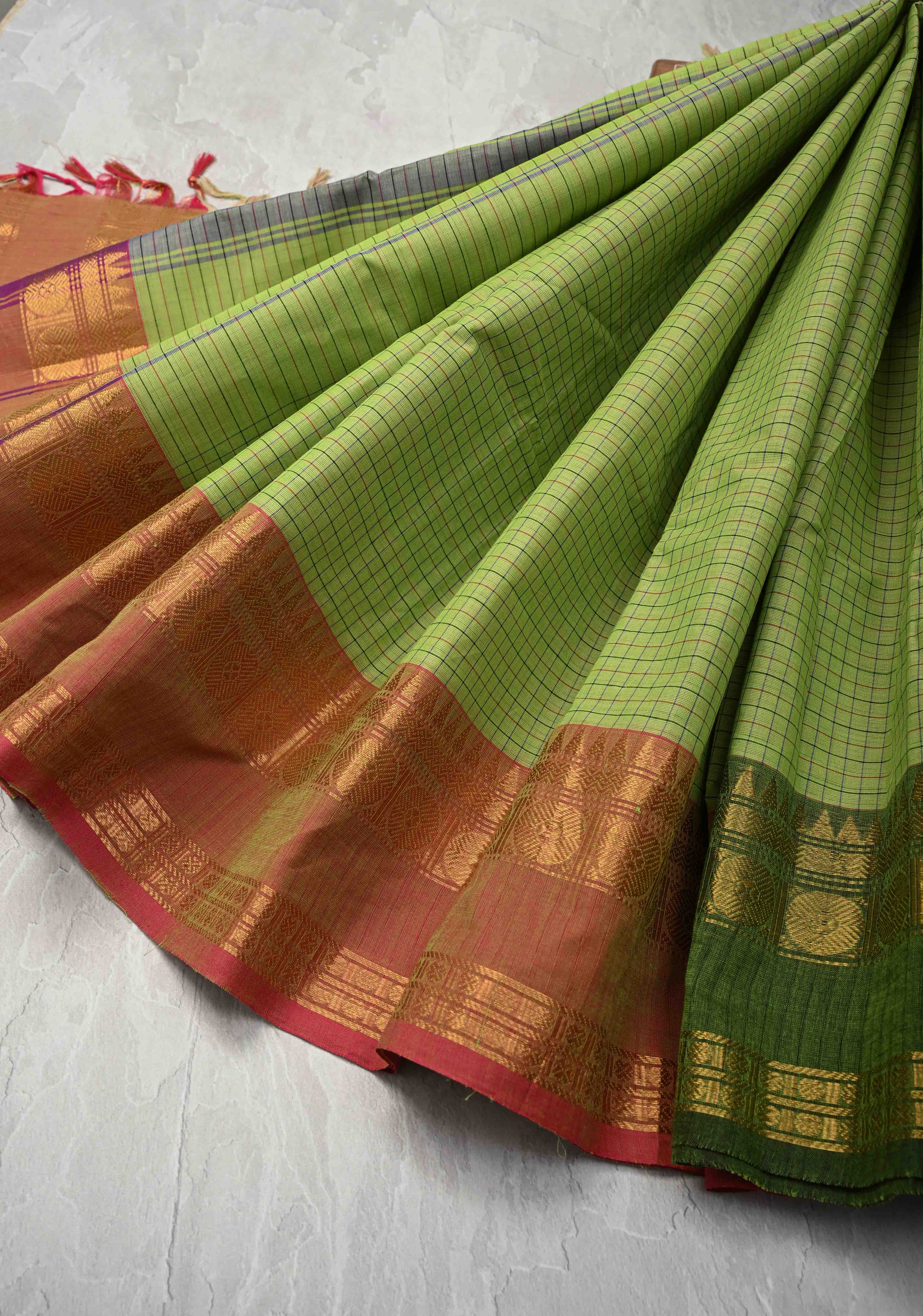 Pista Green Cotton Saree with Checks Pattern and Ganga Jamuna Border, No Blouse piece | Shobitam