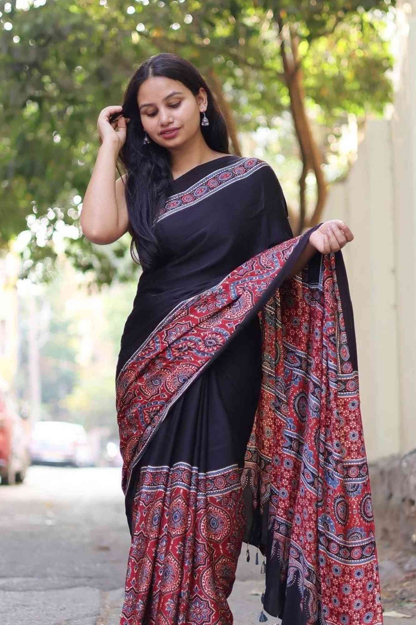 Black Soft Silk Ajrakh with Red Contrast Pallu Ready To Wear Saree