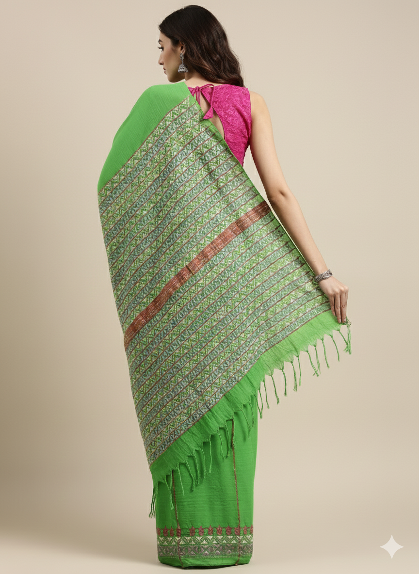 Parrot Green Khesh Kantha Cotton Saree | Shobitam