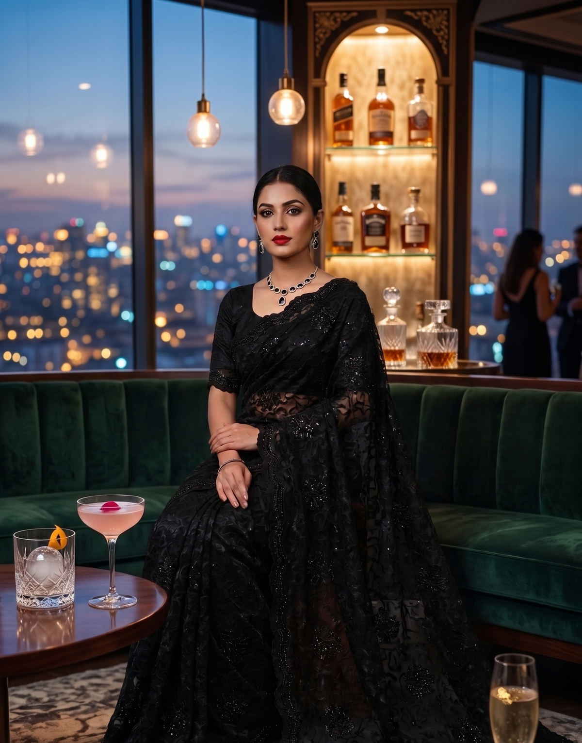 BLACK MAJESTY : Net Chenille Lace Saree with Tone on Tone Powder Stones Work and Scallop Border | SHOBITAM