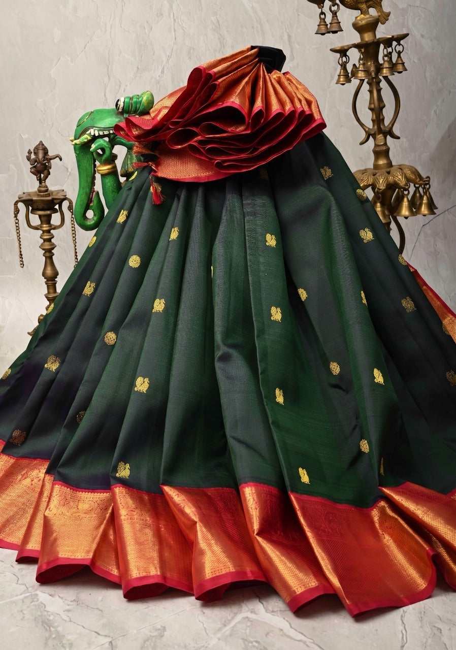 Stunning Bottle Green Dual Tone Pure Kanjivaram Silk Saree with Zari Buttas and Contrast Pink Zari Border | SILK MARK CERTIFIED | SHOBITAM