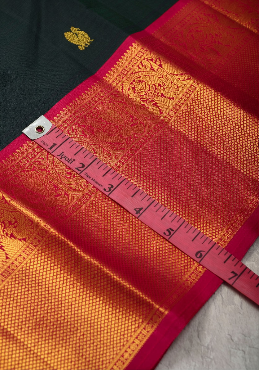 Stunning Bottle Green Dual Tone Pure Kanjivaram Silk Saree with Zari Buttas and Contrast Pink Zari Border | SILK MARK CERTIFIED | SHOBITAM