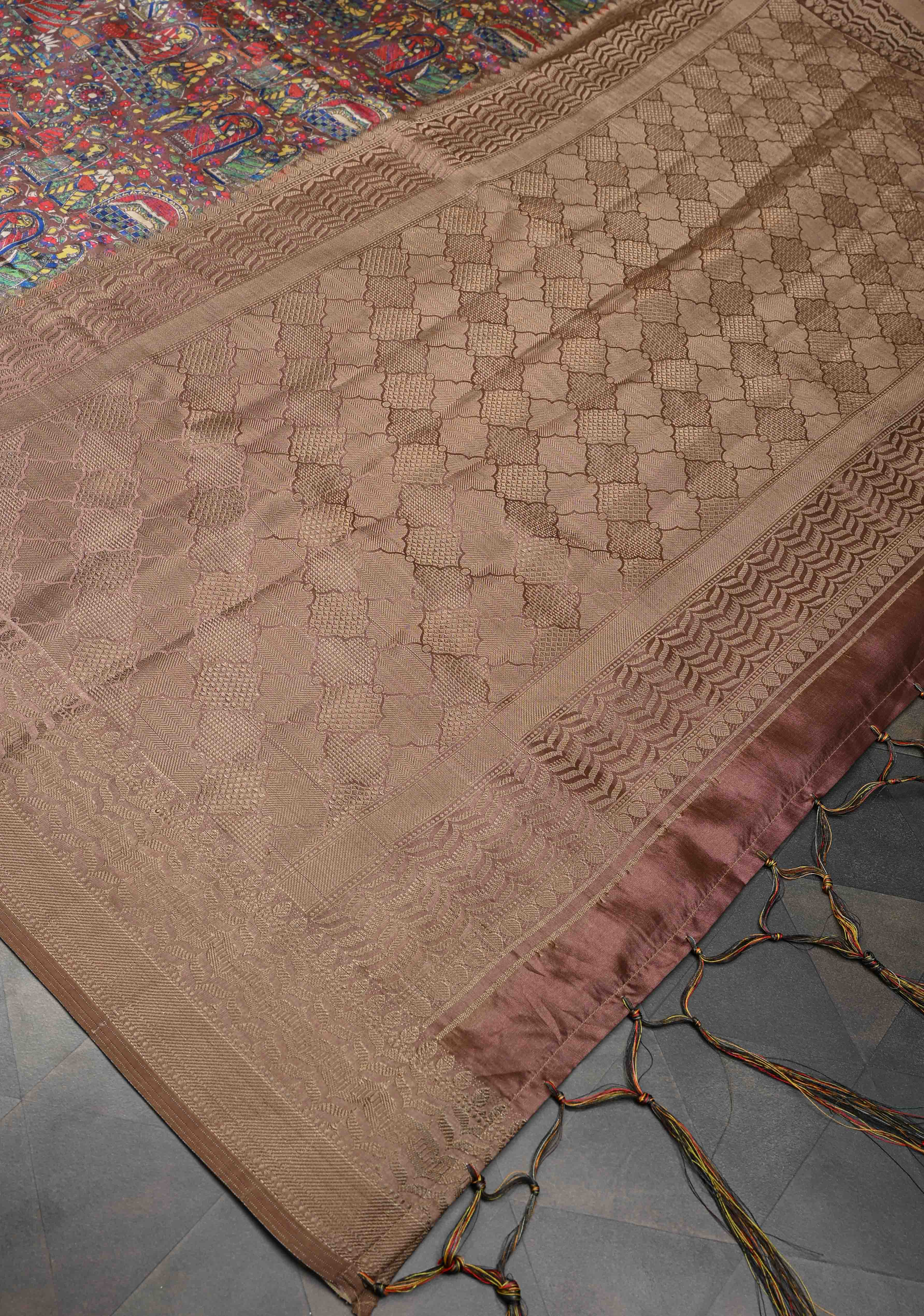 Brown Art Silk Saree with Kalamkari Digital Print and Antique Zari Border | Shobitam