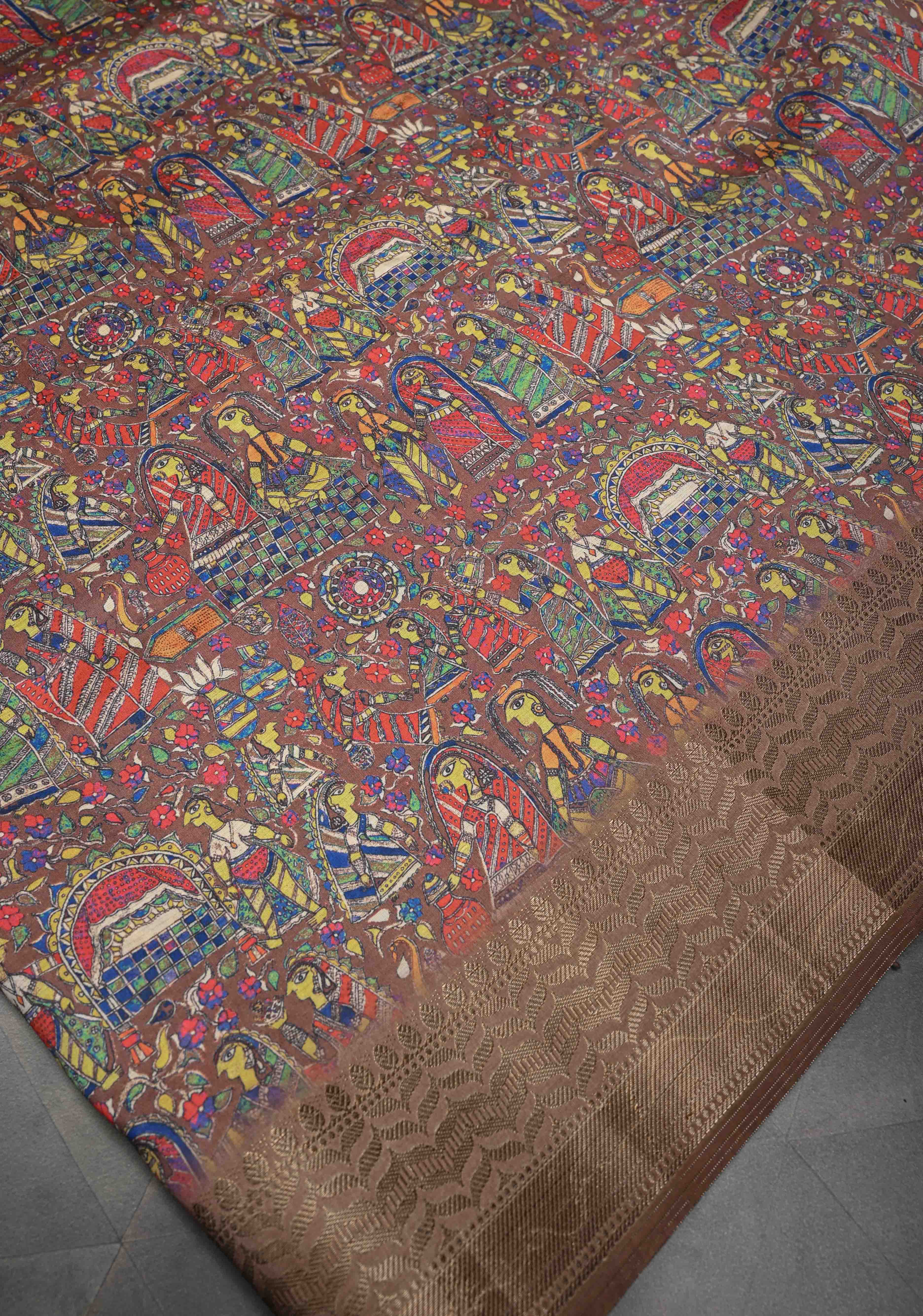 Brown Art Silk Saree with Kalamkari Digital Print and Antique Zari Border | Shobitam