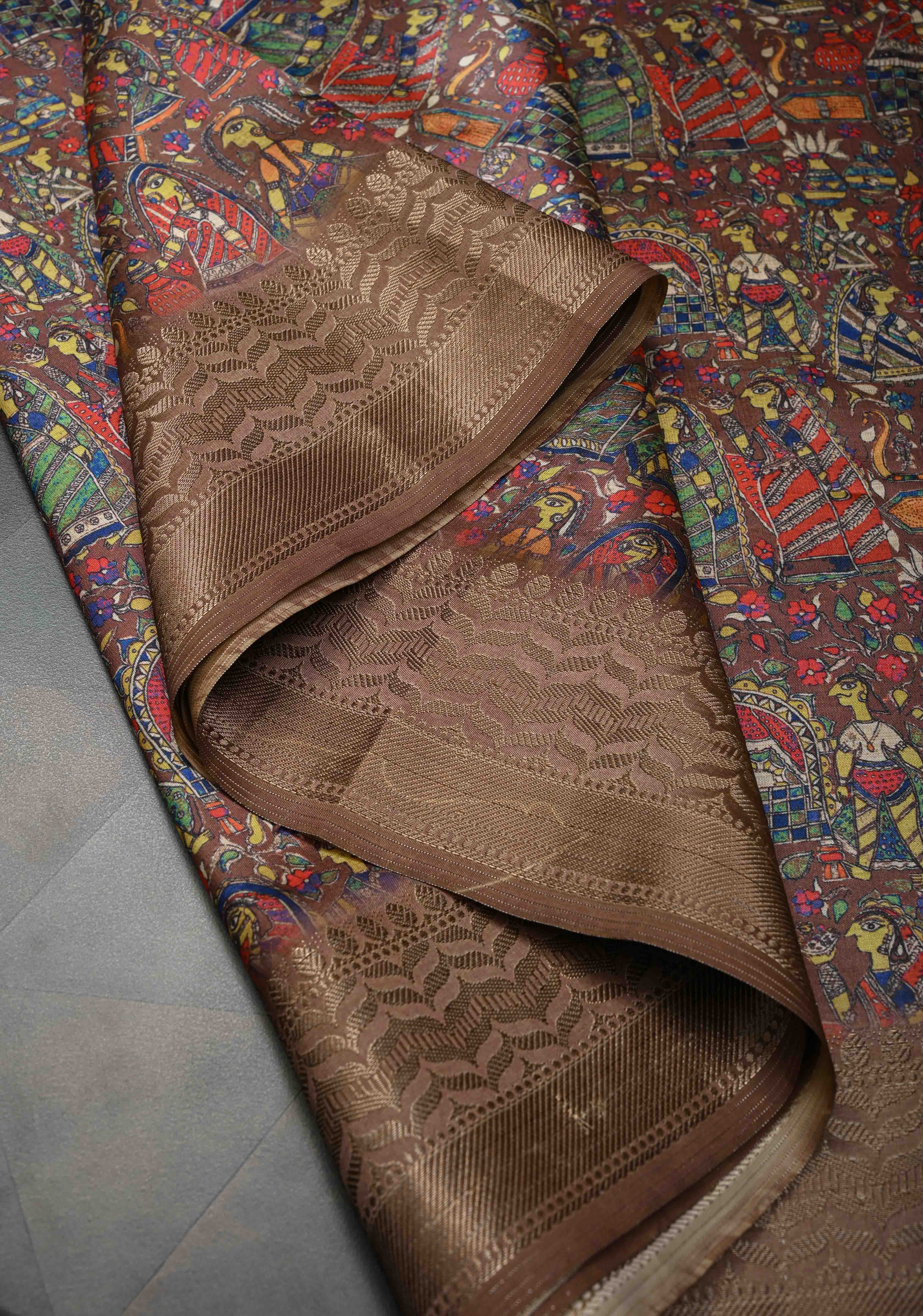 Brown Art Silk Saree with Kalamkari Digital Print and Antique Zari Border | Shobitam