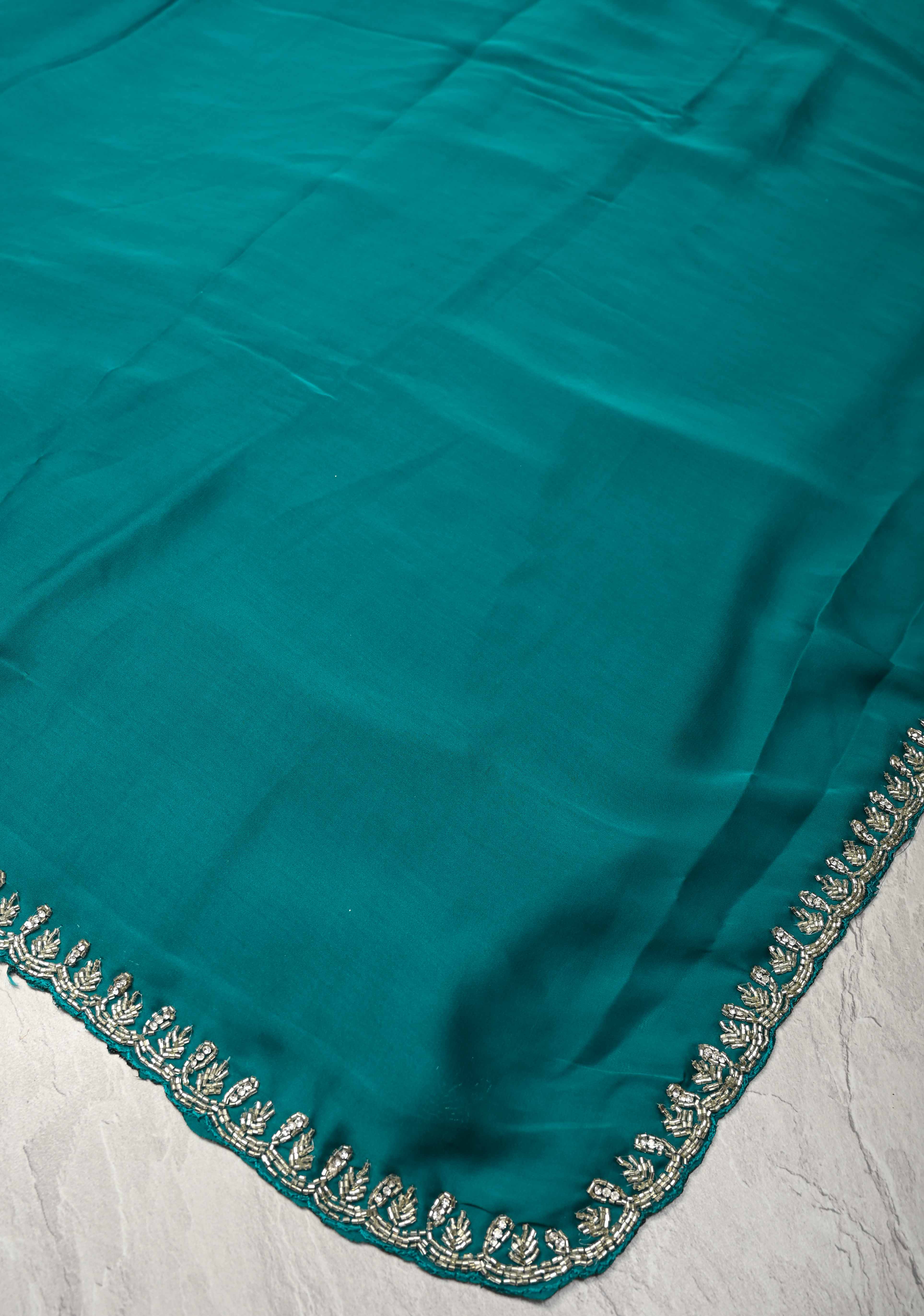 Teal Satin Geoergette Saree with minimal cutdana borders | Shobitam