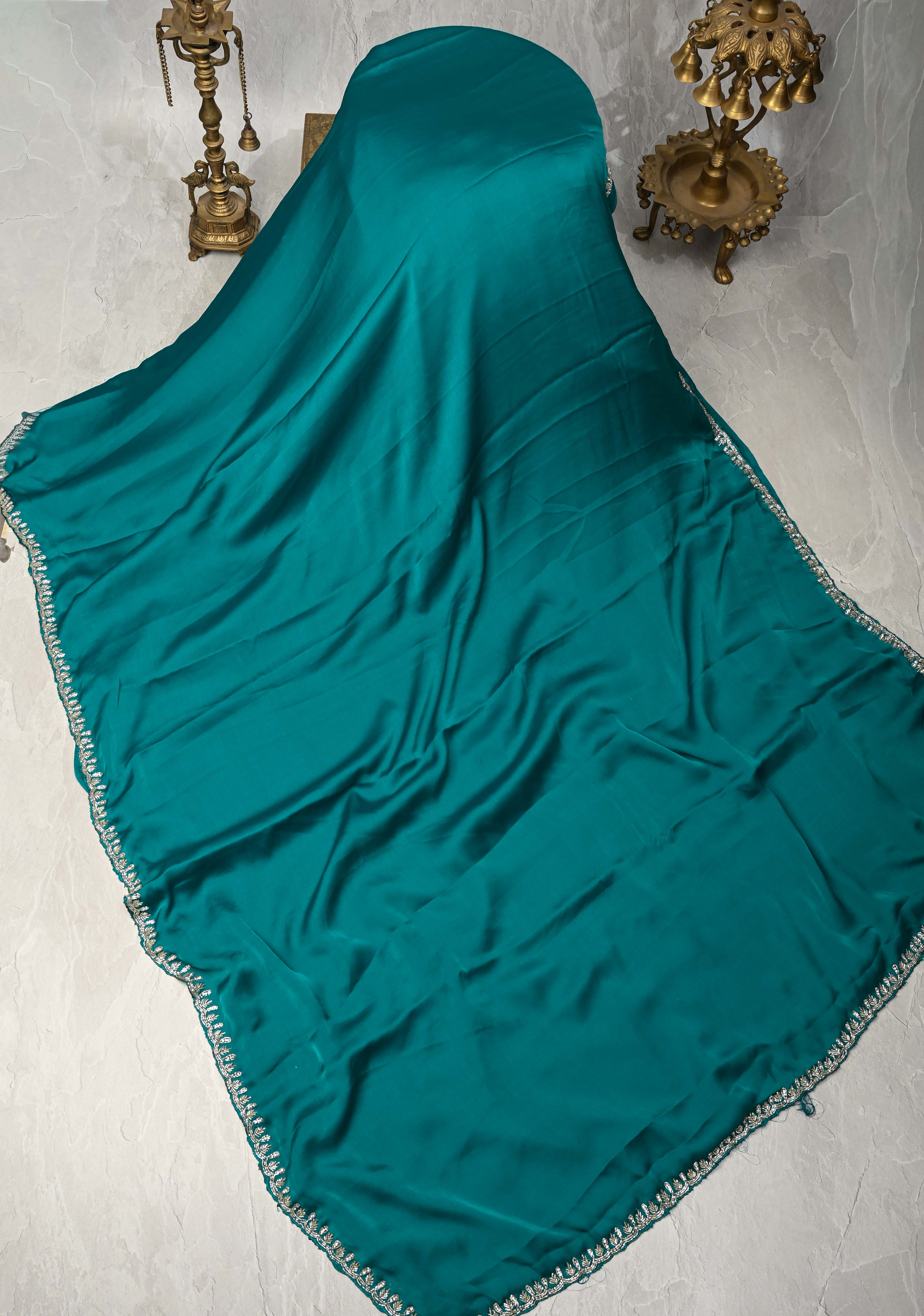 Teal Satin Geoergette Saree with minimal cutdana borders | Shobitam