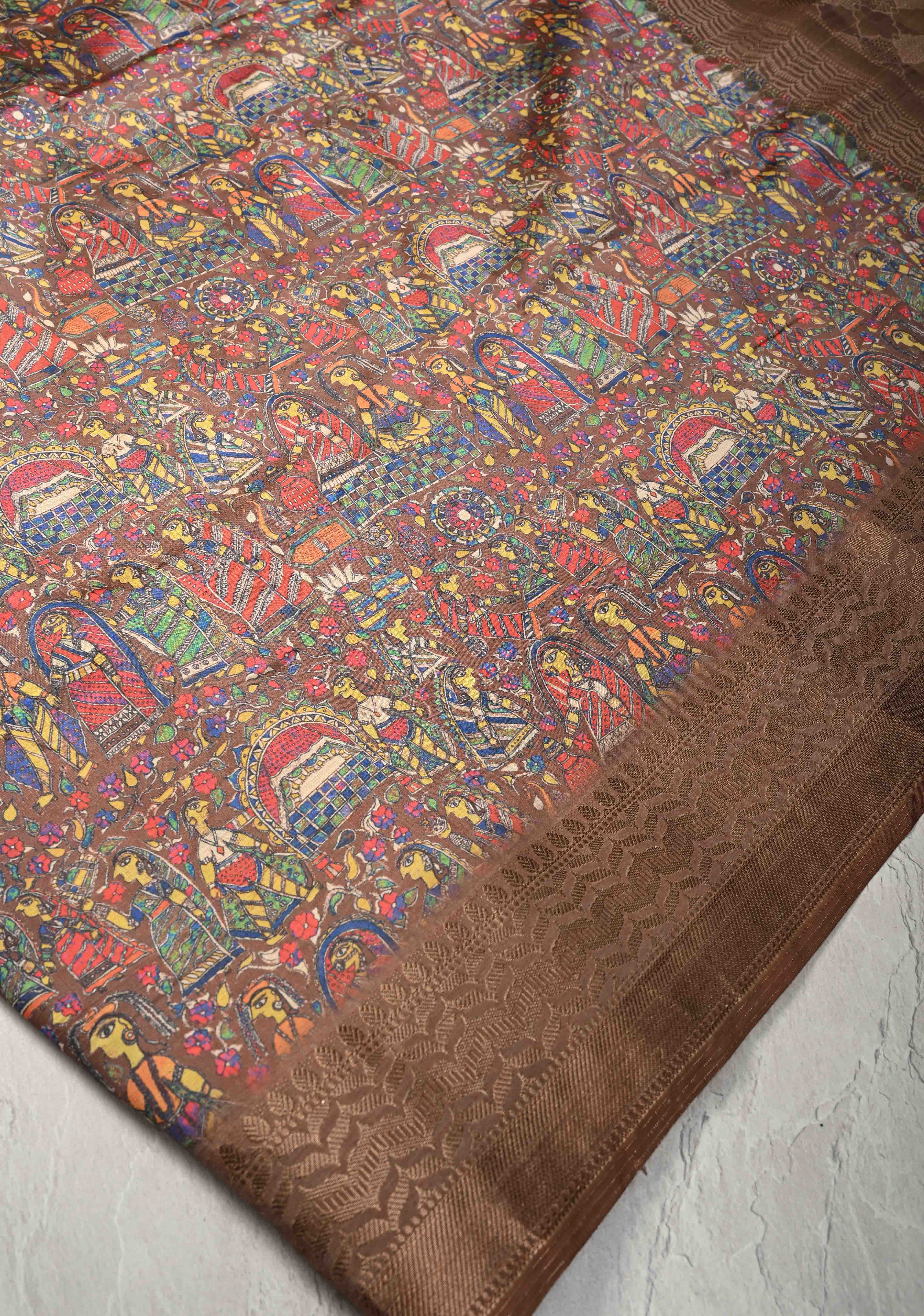Semi Tussar Silk Saree with Kalamkari Digital Print in Dark Brown | Shobitam