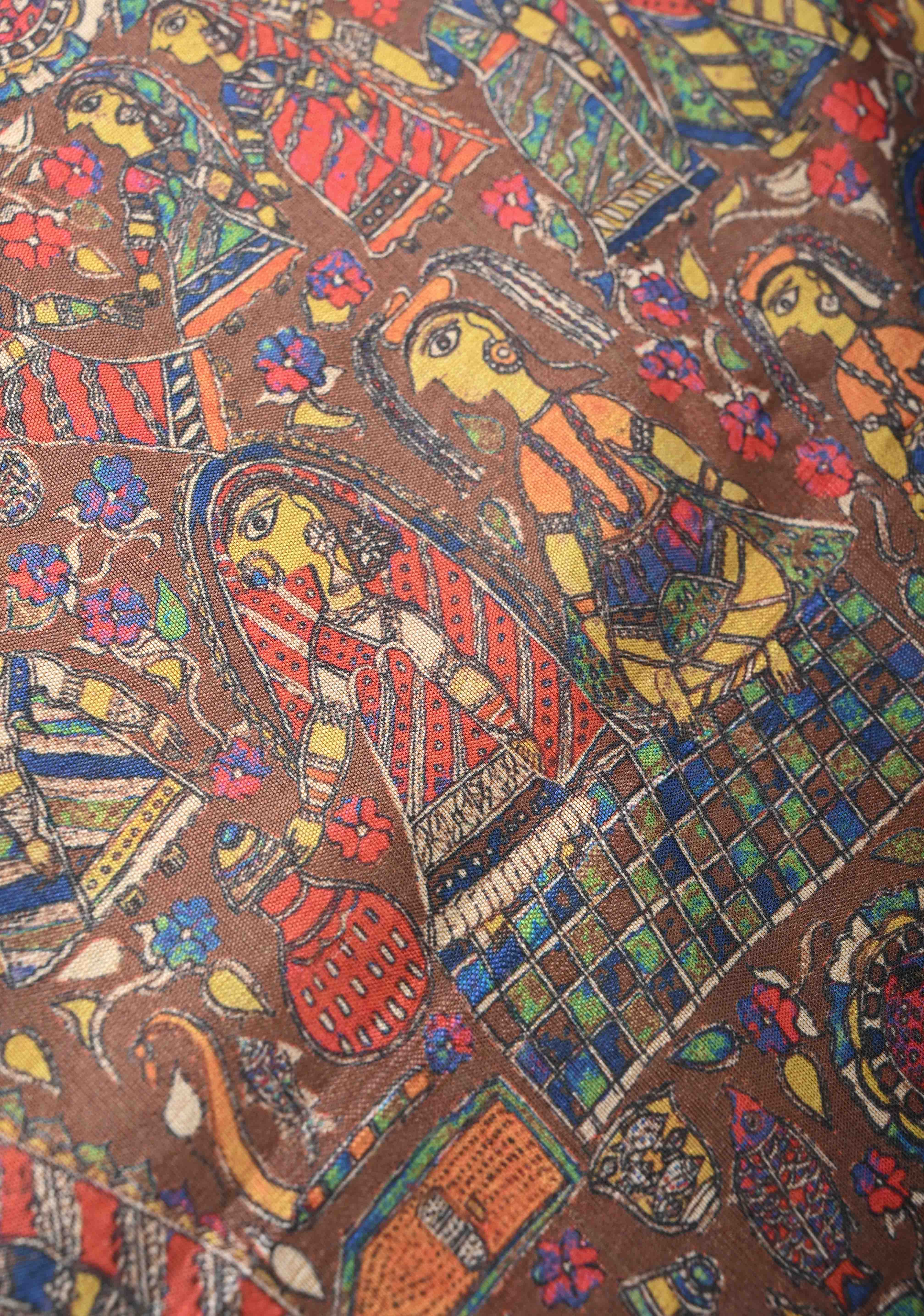 Semi Tussar Silk Saree with Kalamkari Digital Print in Dark Brown | Shobitam