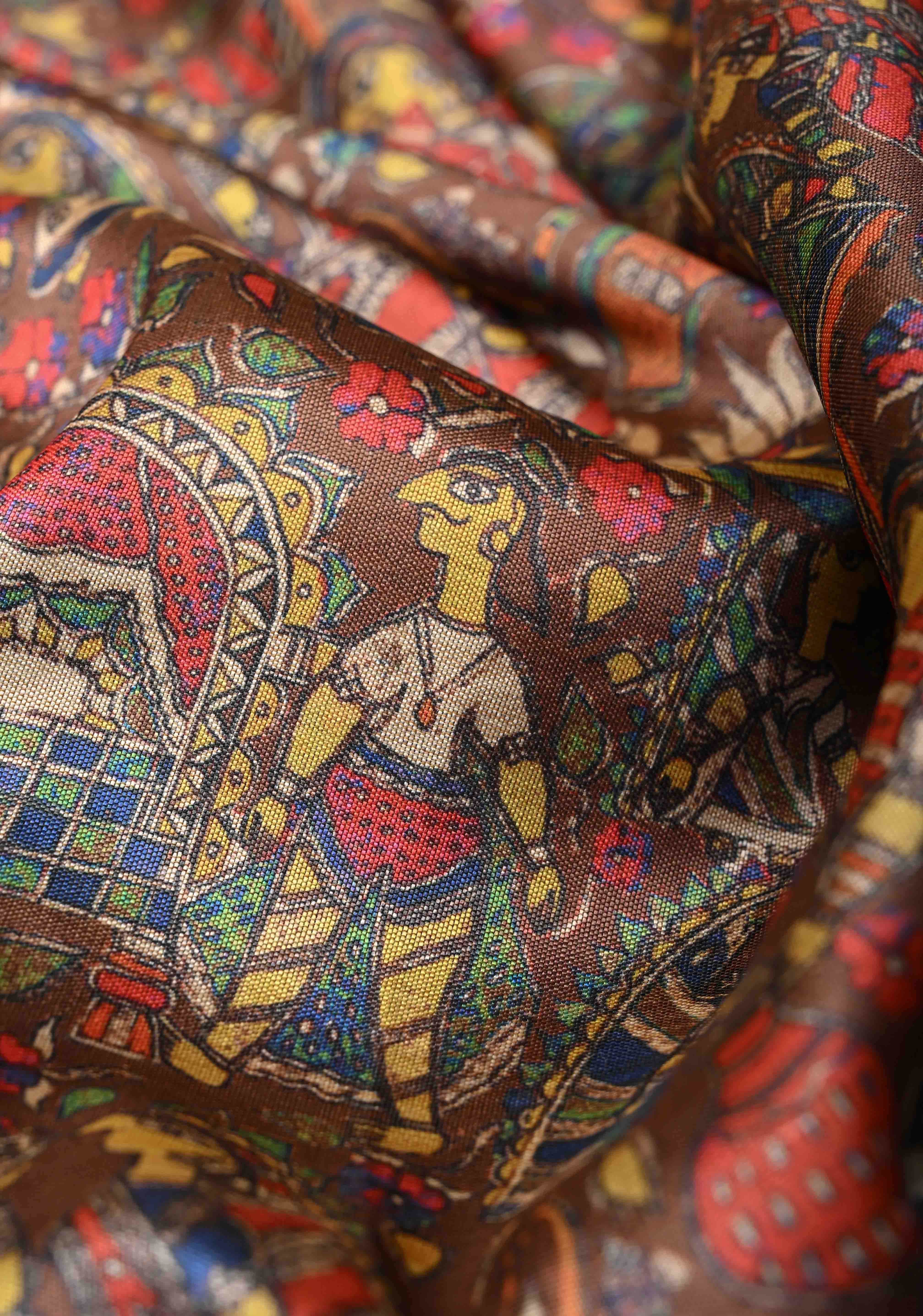 Semi Tussar Silk Saree with Kalamkari Digital Print in Dark Brown | Shobitam