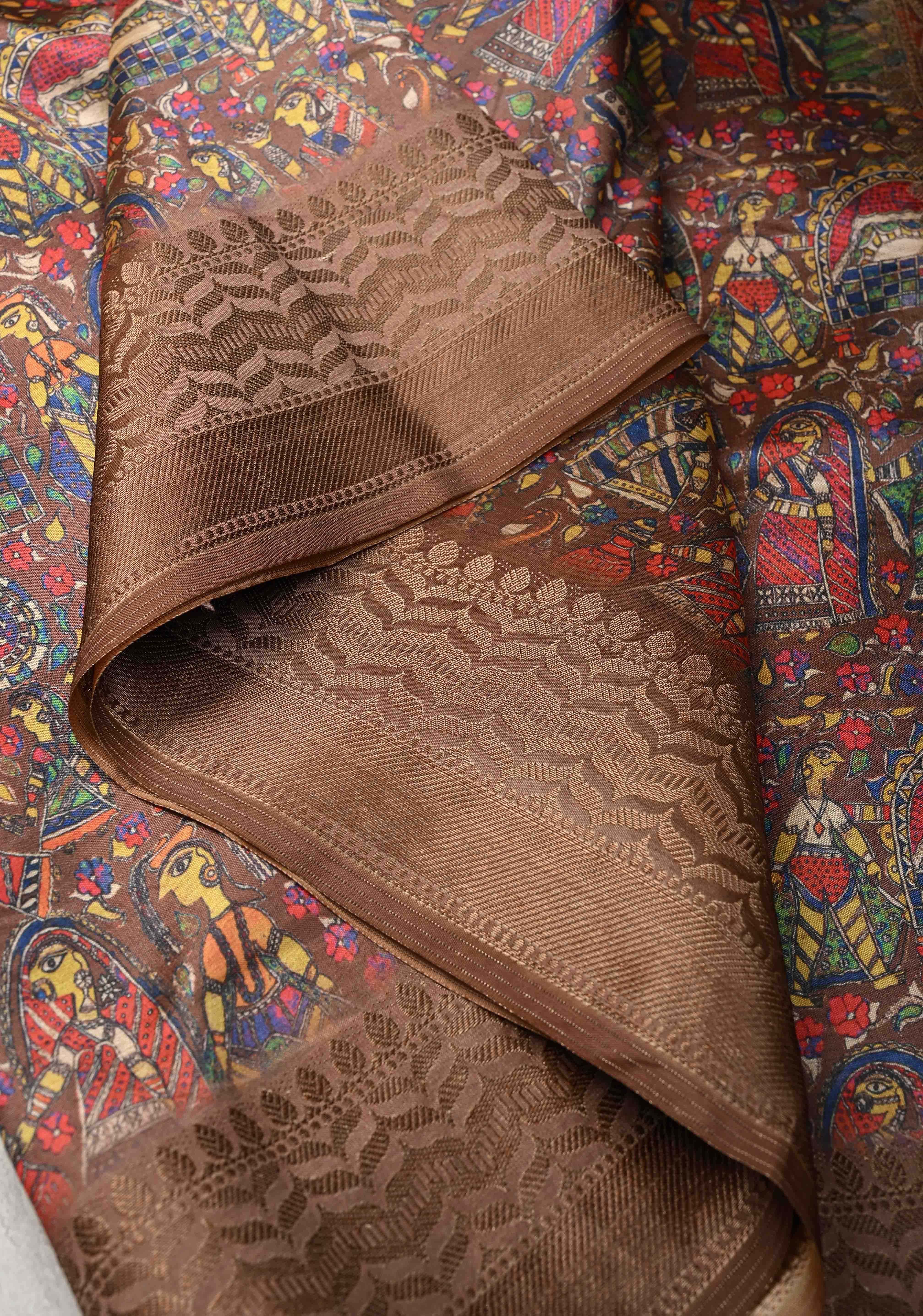 Semi Tussar Silk Saree with Kalamkari Digital Print in Dark Brown | Shobitam