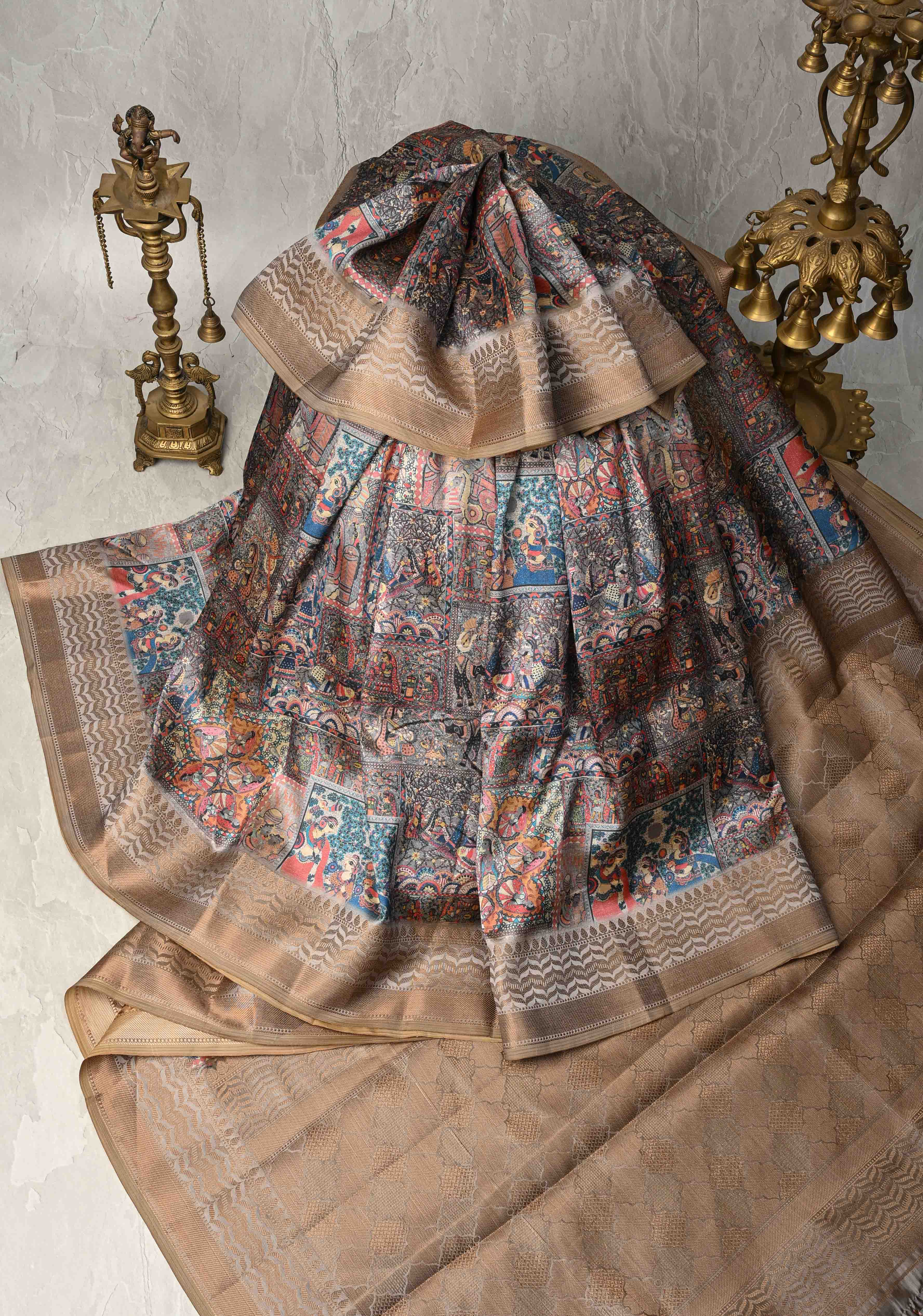 Semi Tussar Silk Saree with Kalamkari Digital Print in Gray | Shobitam