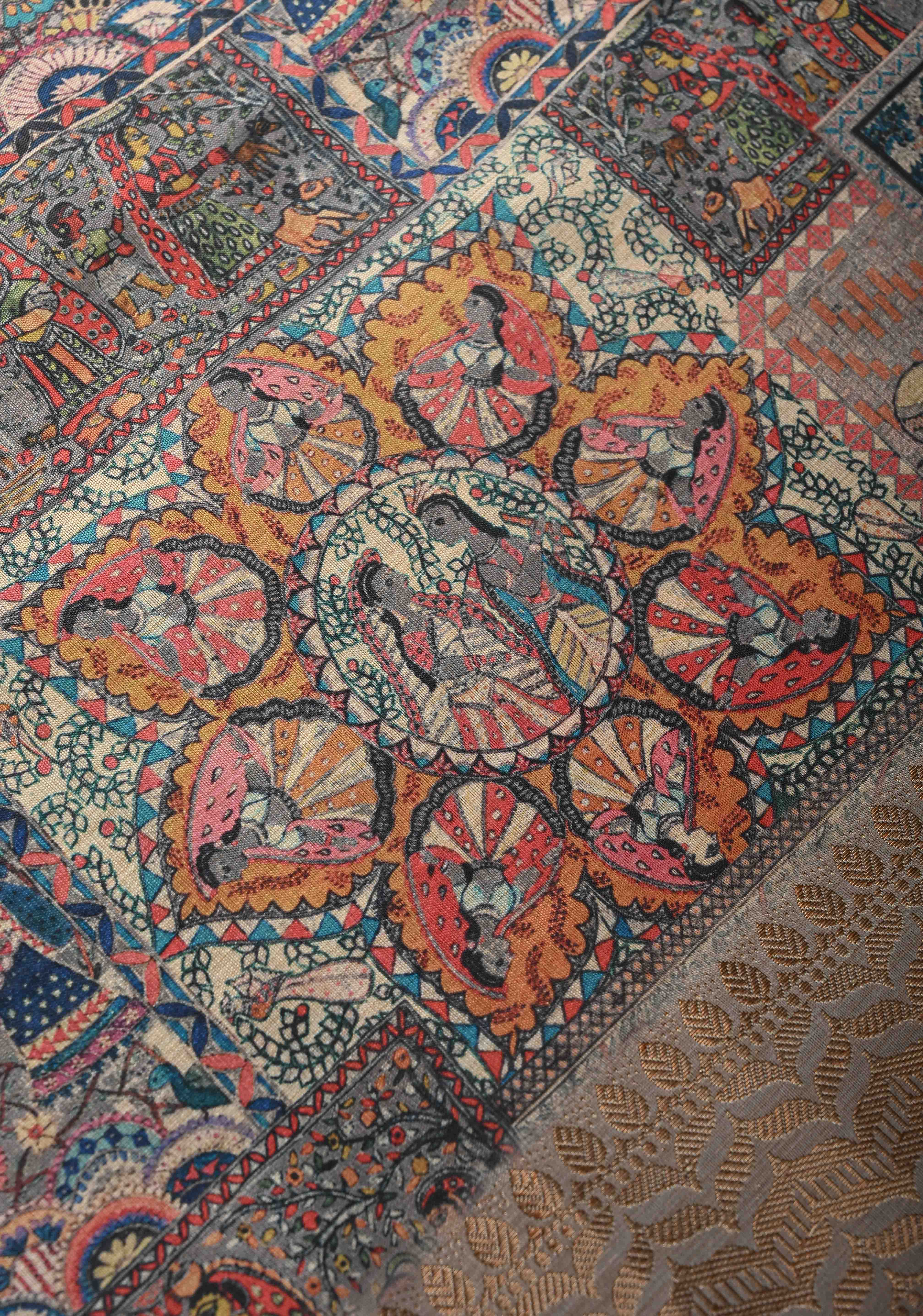 Semi Tussar Silk Saree with Kalamkari Digital Print in Gray | Shobitam