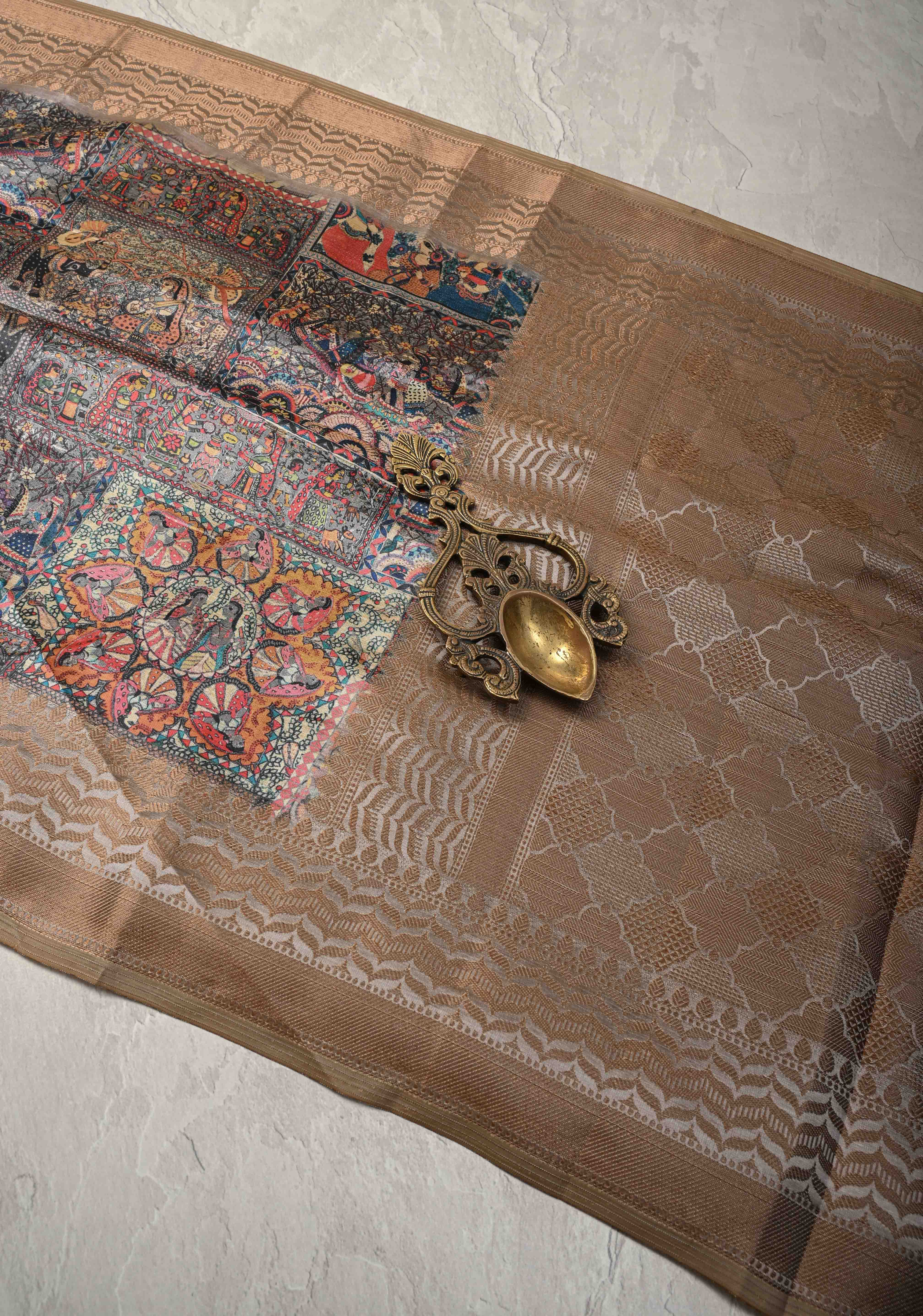 Semi Tussar Silk Saree with Kalamkari Digital Print in Gray | Shobitam