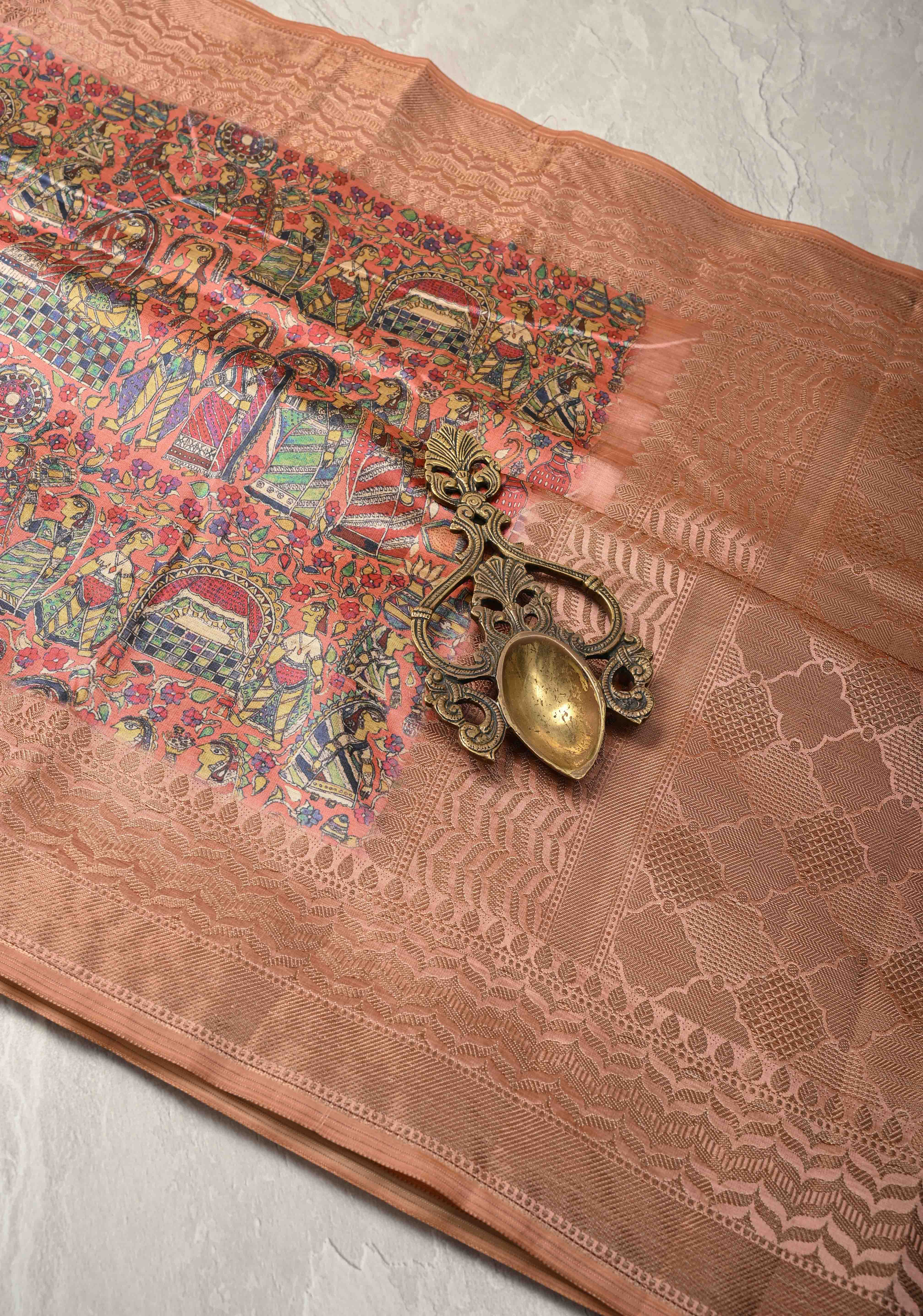 Semi Tussar Silk Saree with Kalamkari Digital Print in Coral | Shobitam