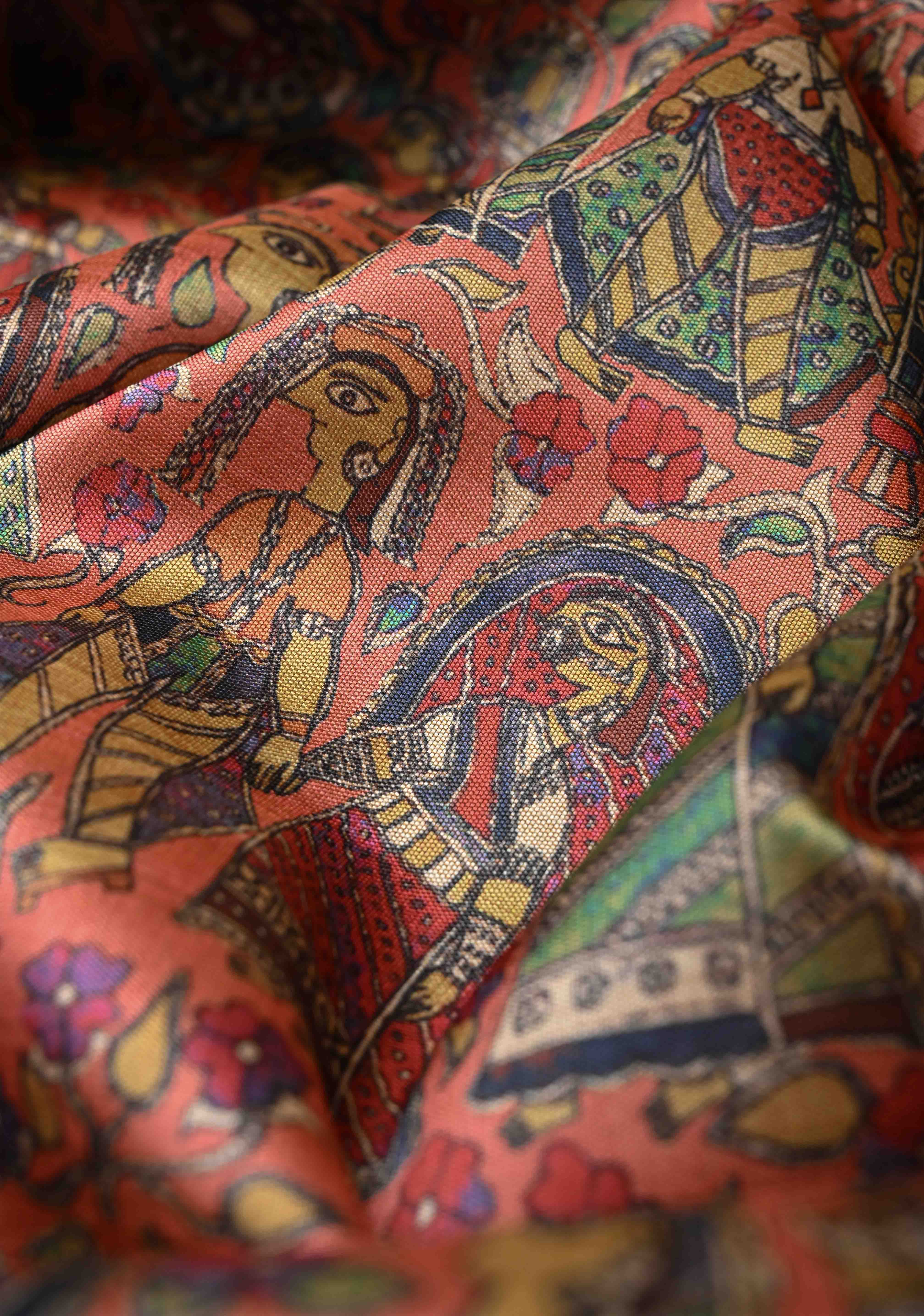 Semi Tussar Silk Saree with Kalamkari Digital Print in Coral | Shobitam