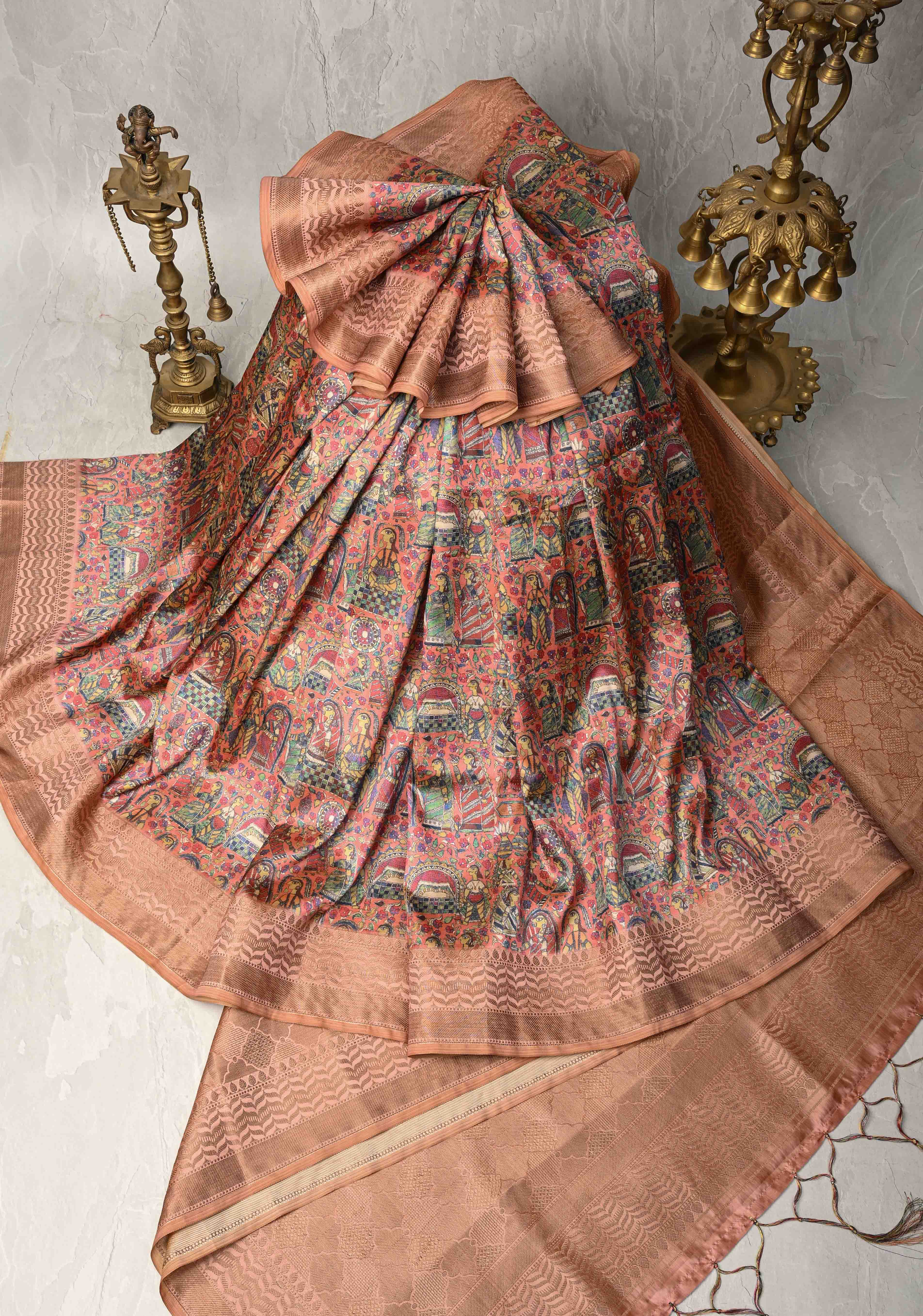 Semi Tussar Silk Saree with Kalamkari Digital Print in Coral | Shobitam